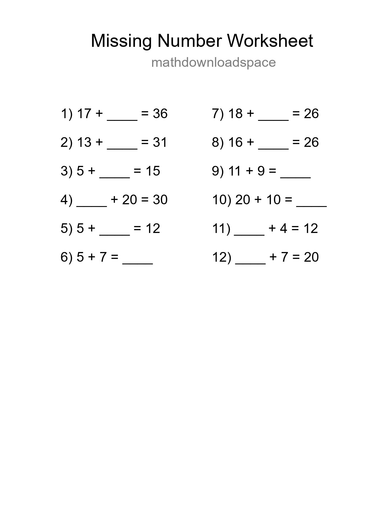 Missing Number Math Worksheet