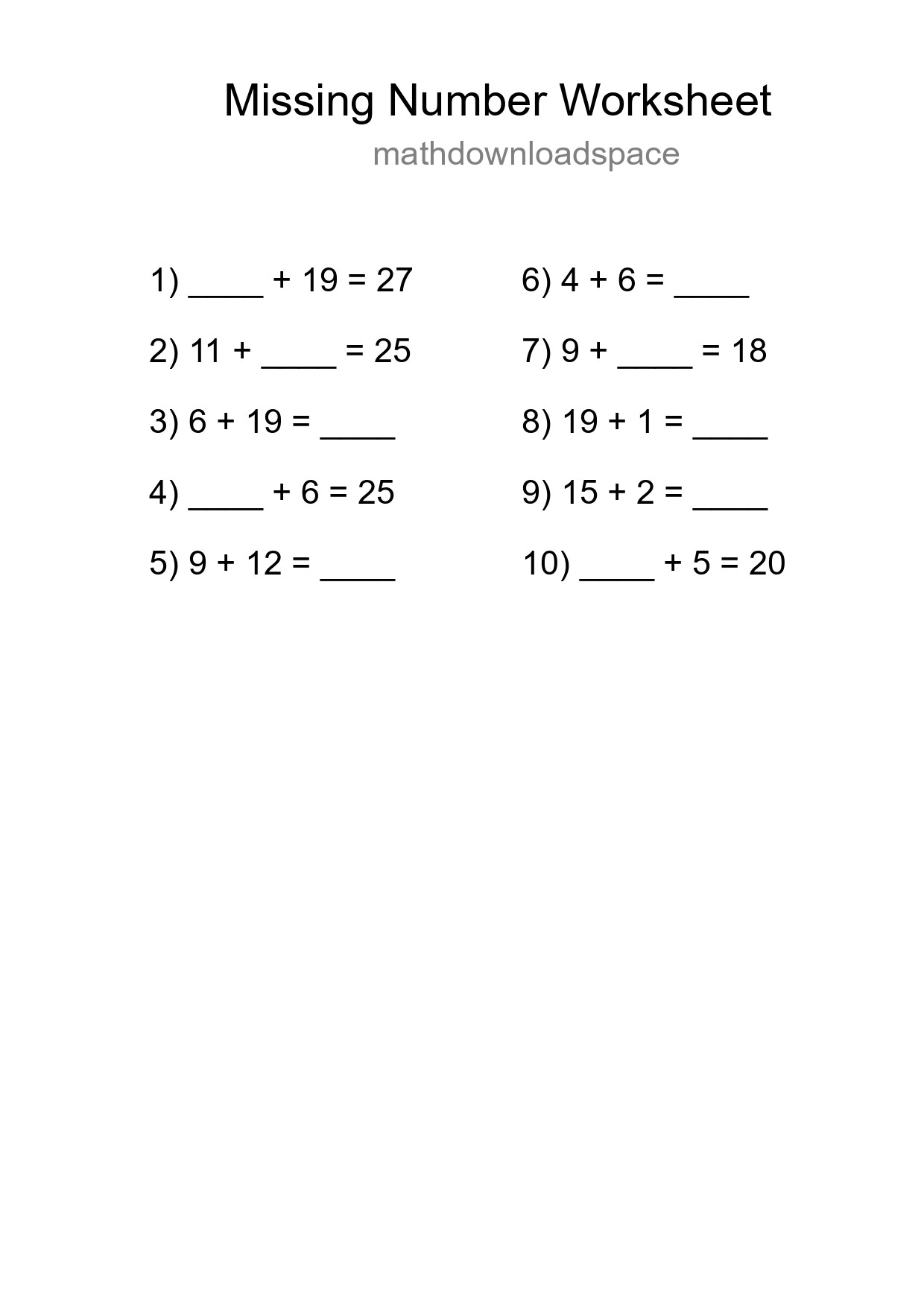 Missing Number Math Worksheet