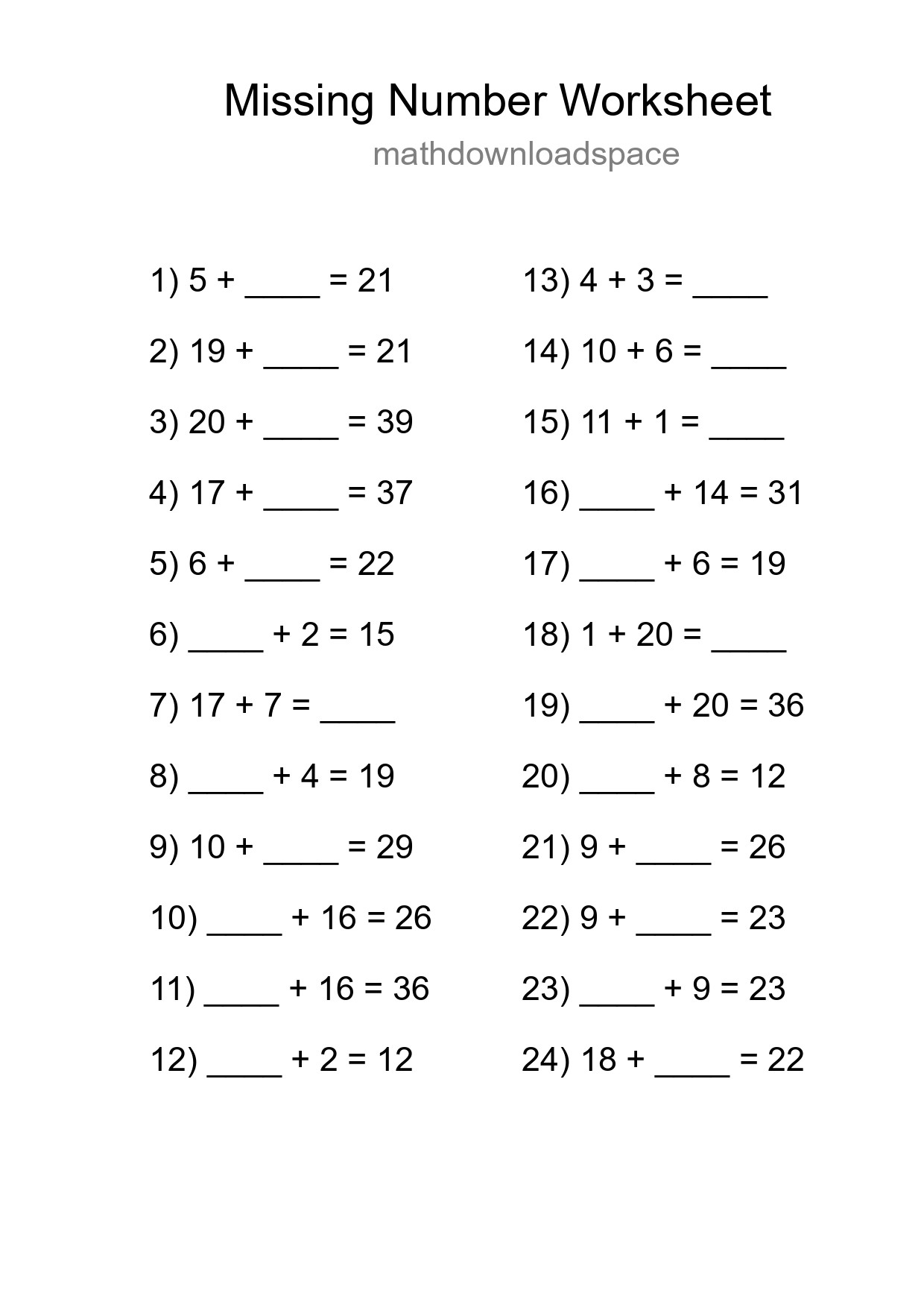 Missing Number Math Worksheet