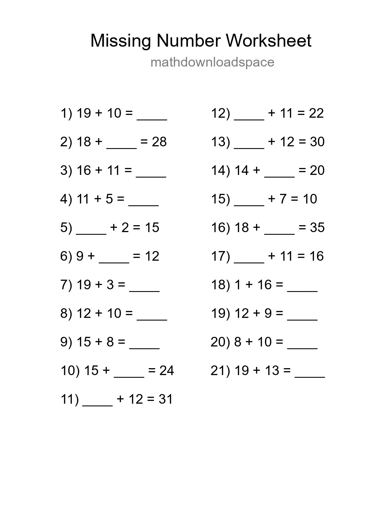 Missing Number Math Worksheet