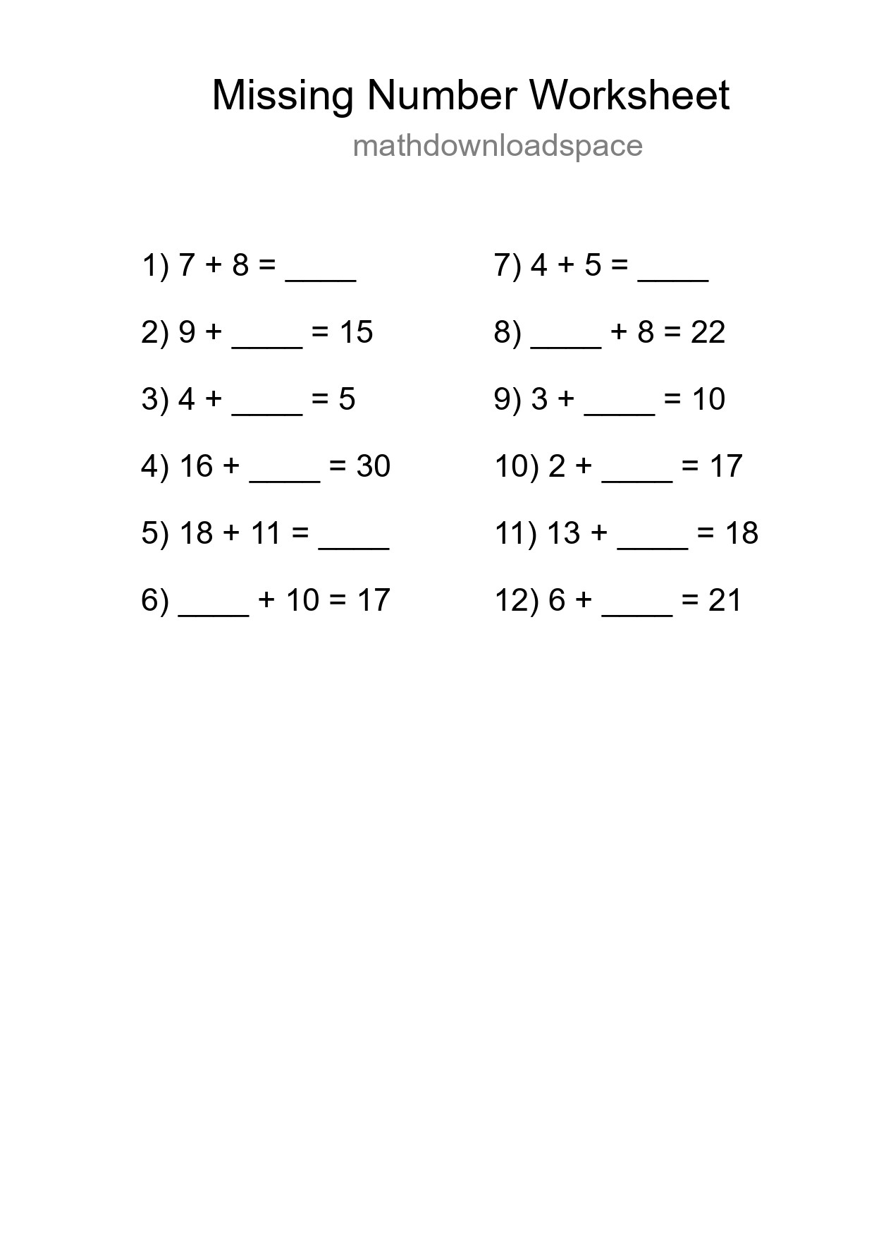 Missing Number Math Worksheet