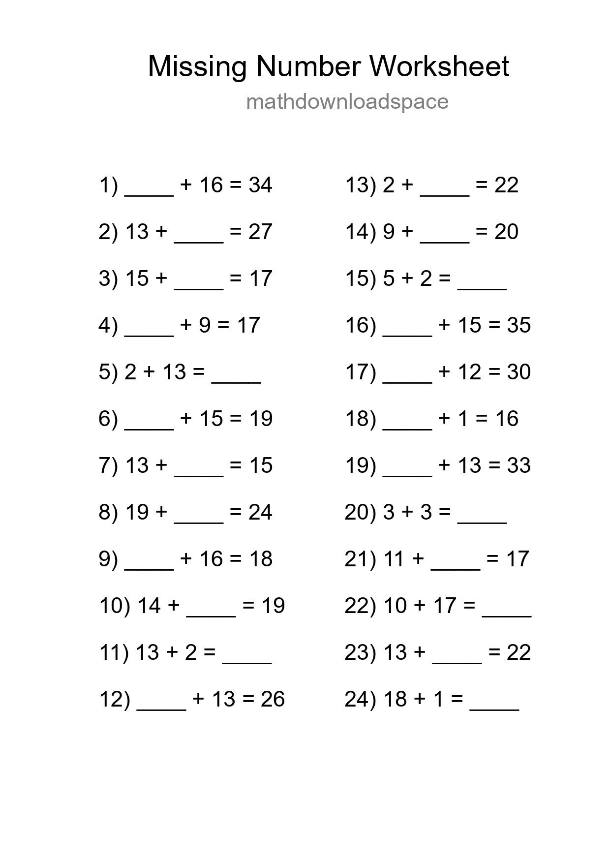 Missing Number Math Worksheet