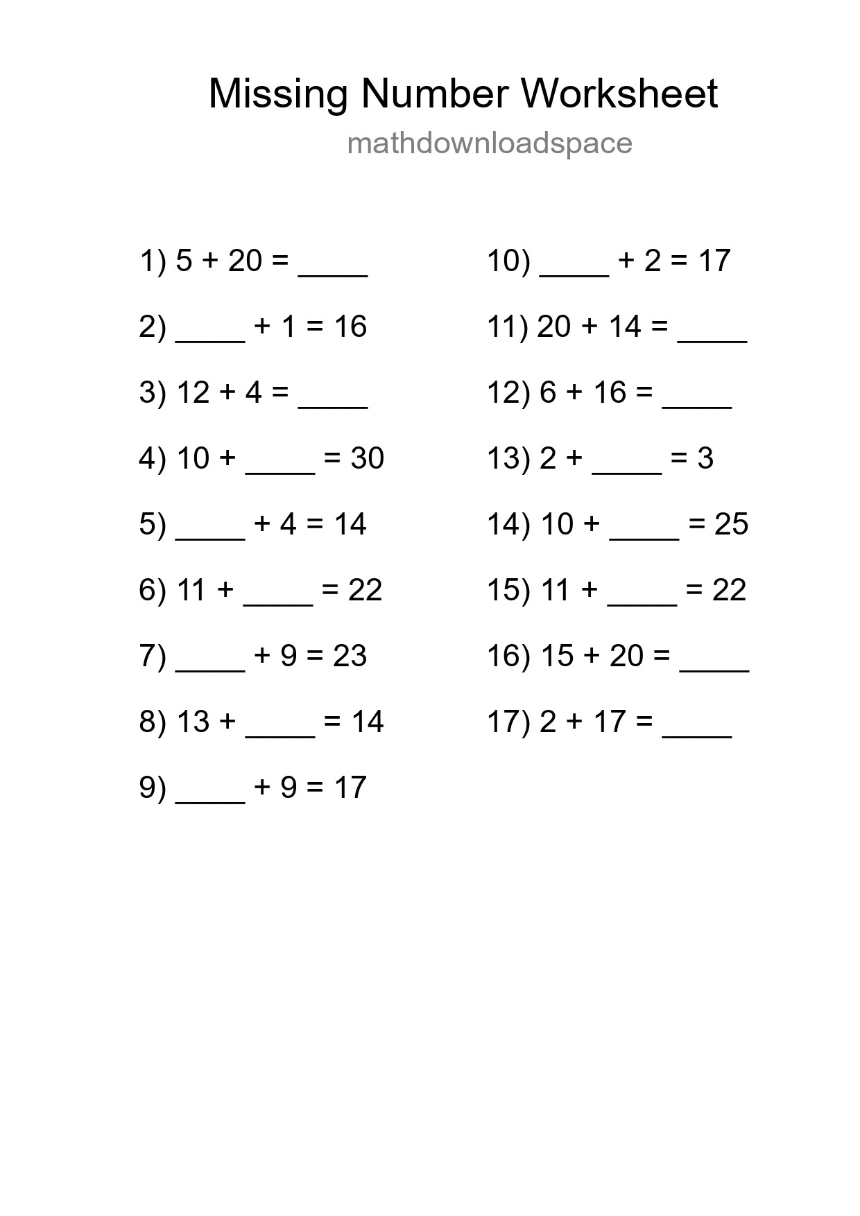 Missing Number Math Worksheet