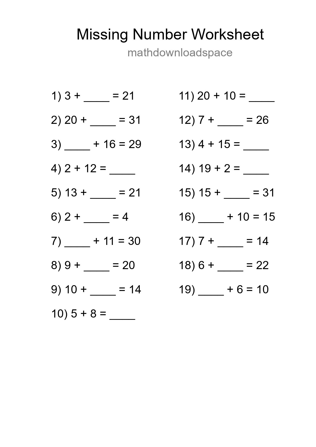 Missing Number Math Worksheet