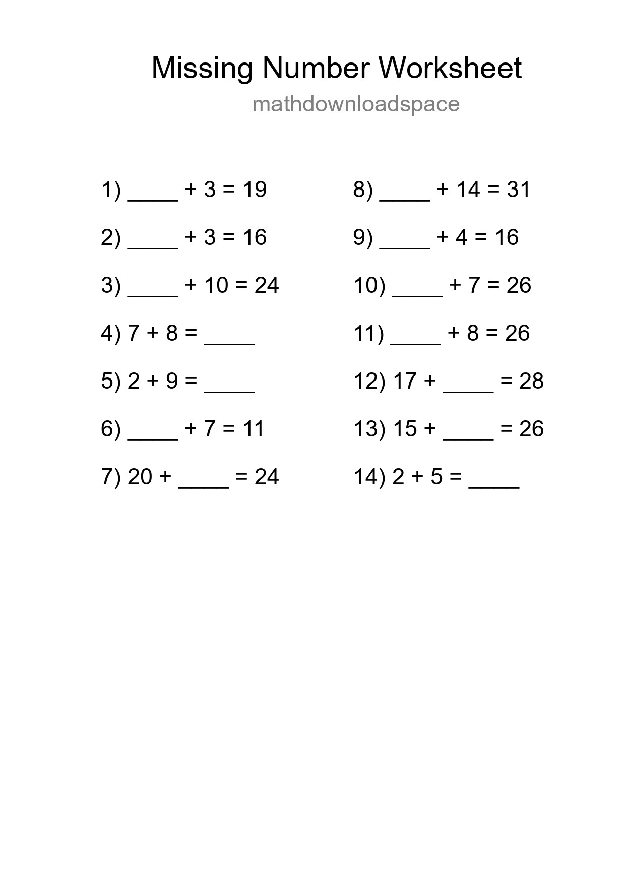 Missing Number Math Worksheet