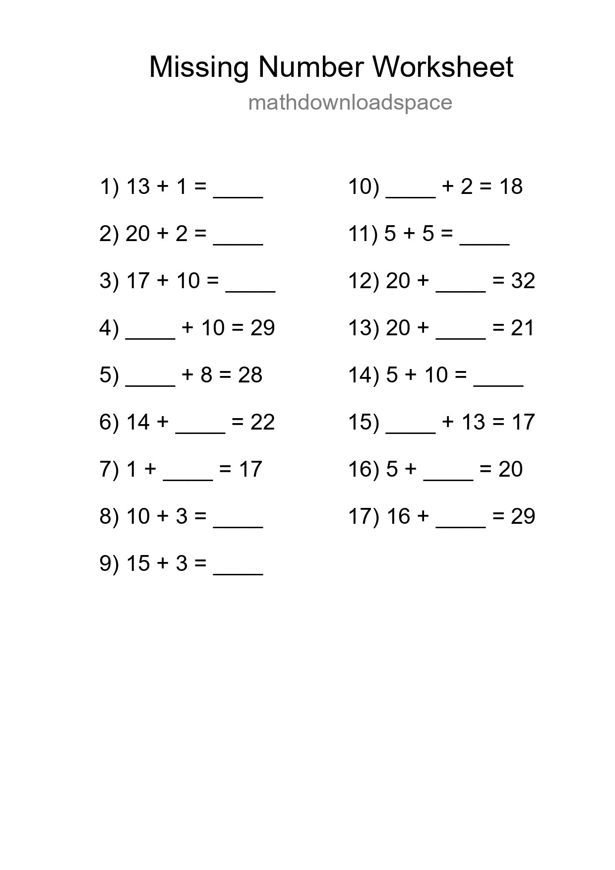 Missing Number Math Worksheet