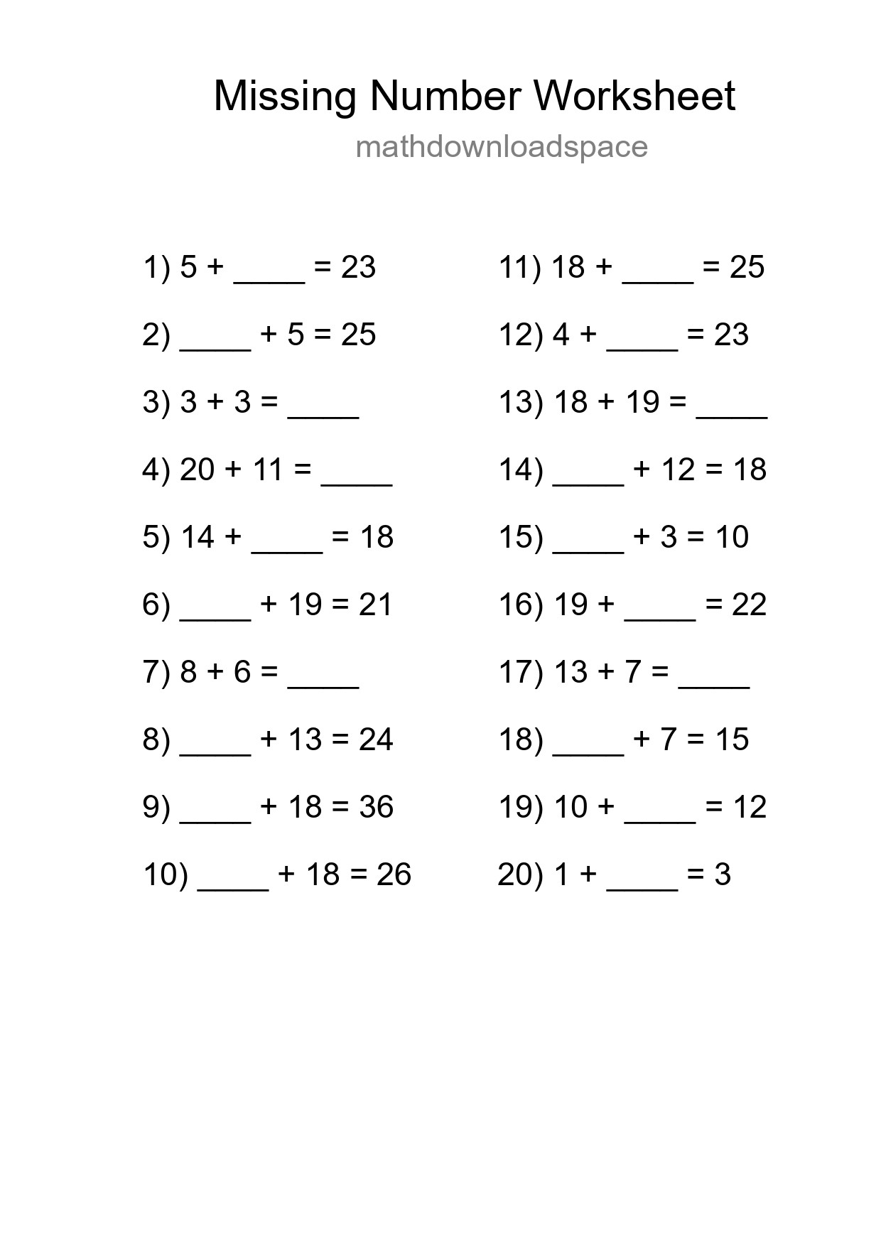 Missing Number Math Worksheet