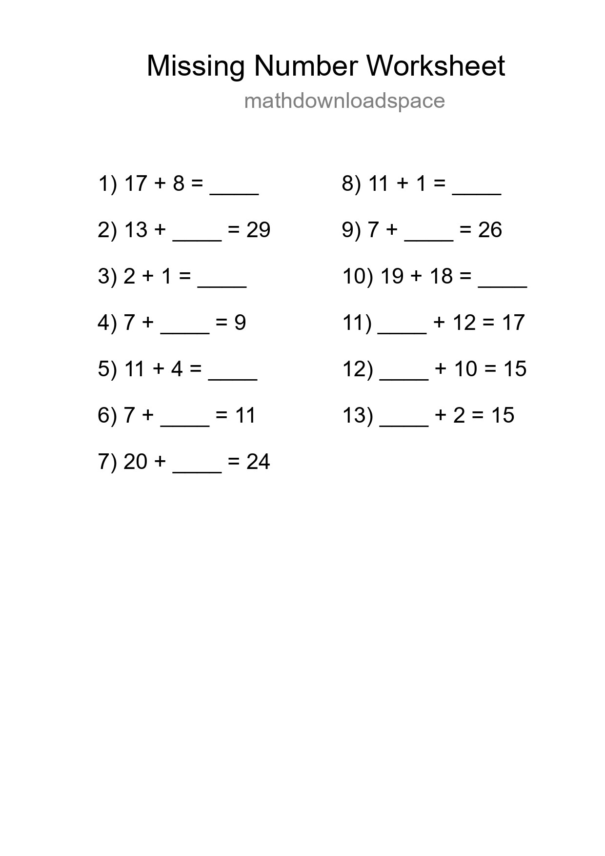 Missing Number Math Worksheet