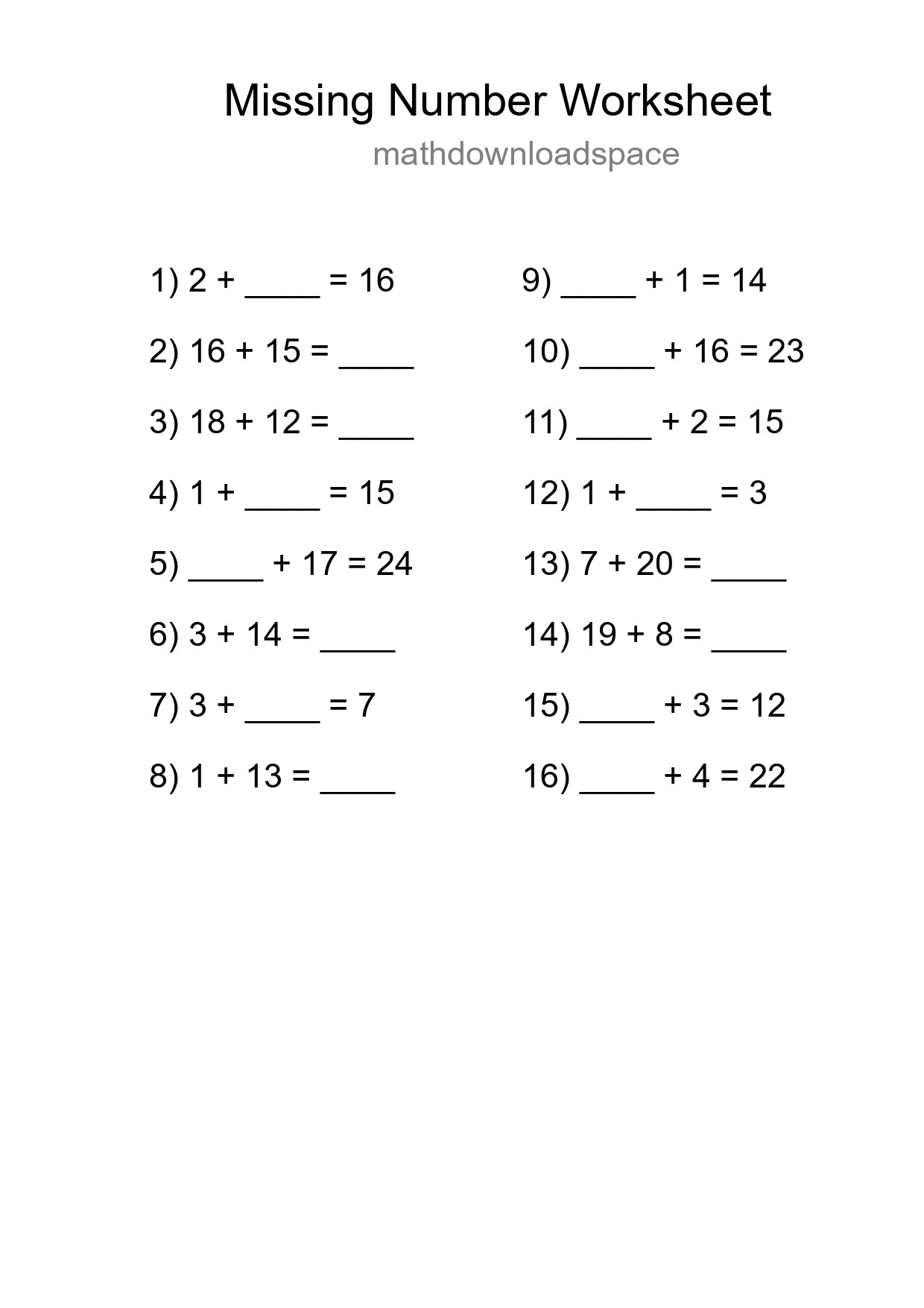 Missing Number Math Worksheet