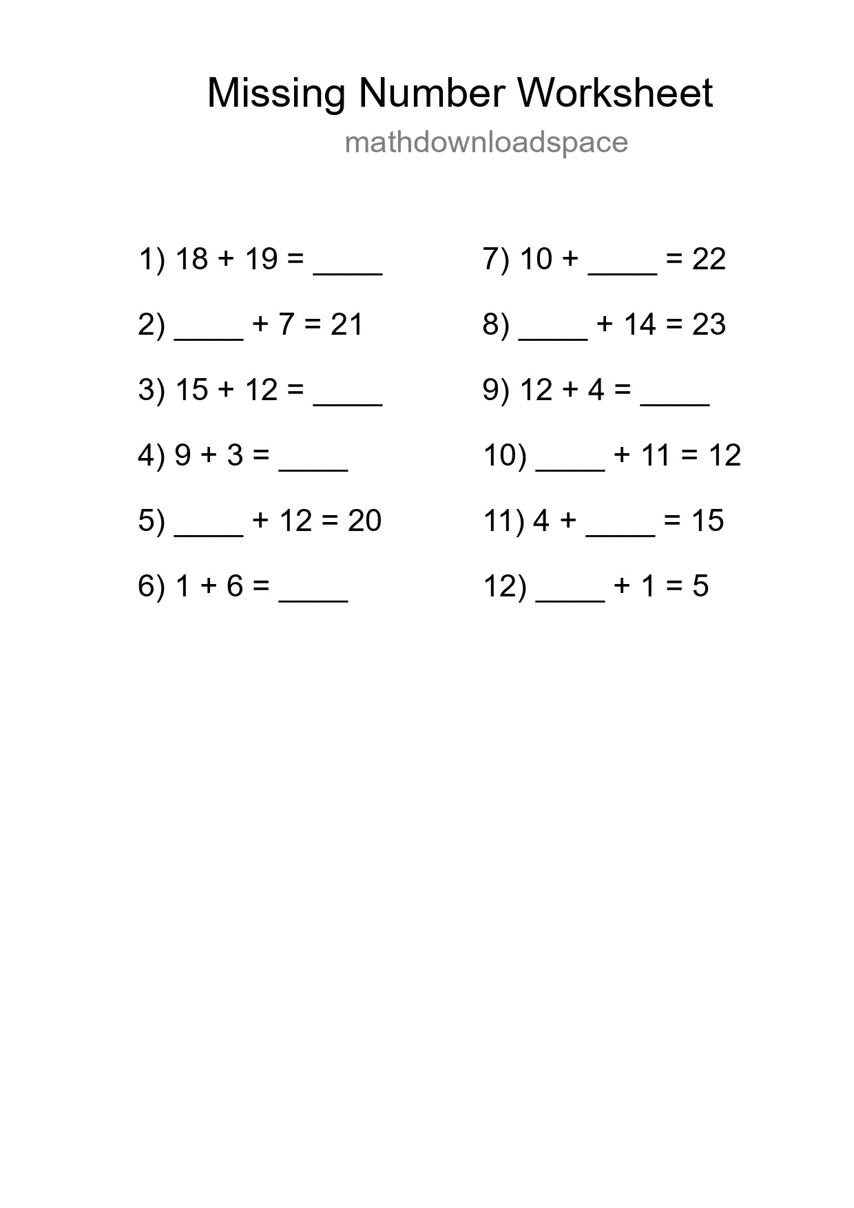 Missing Number Math Worksheet