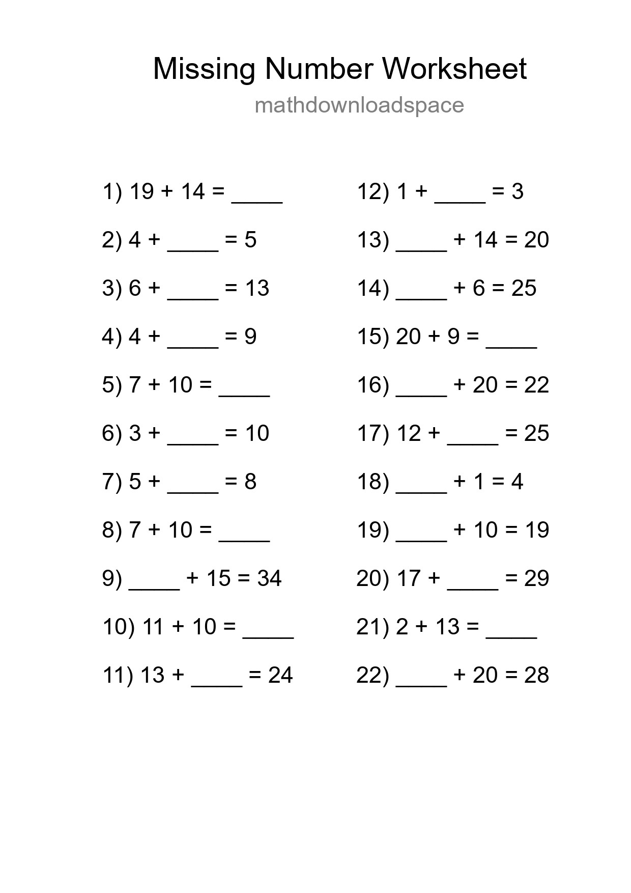 Missing Number Math Worksheet