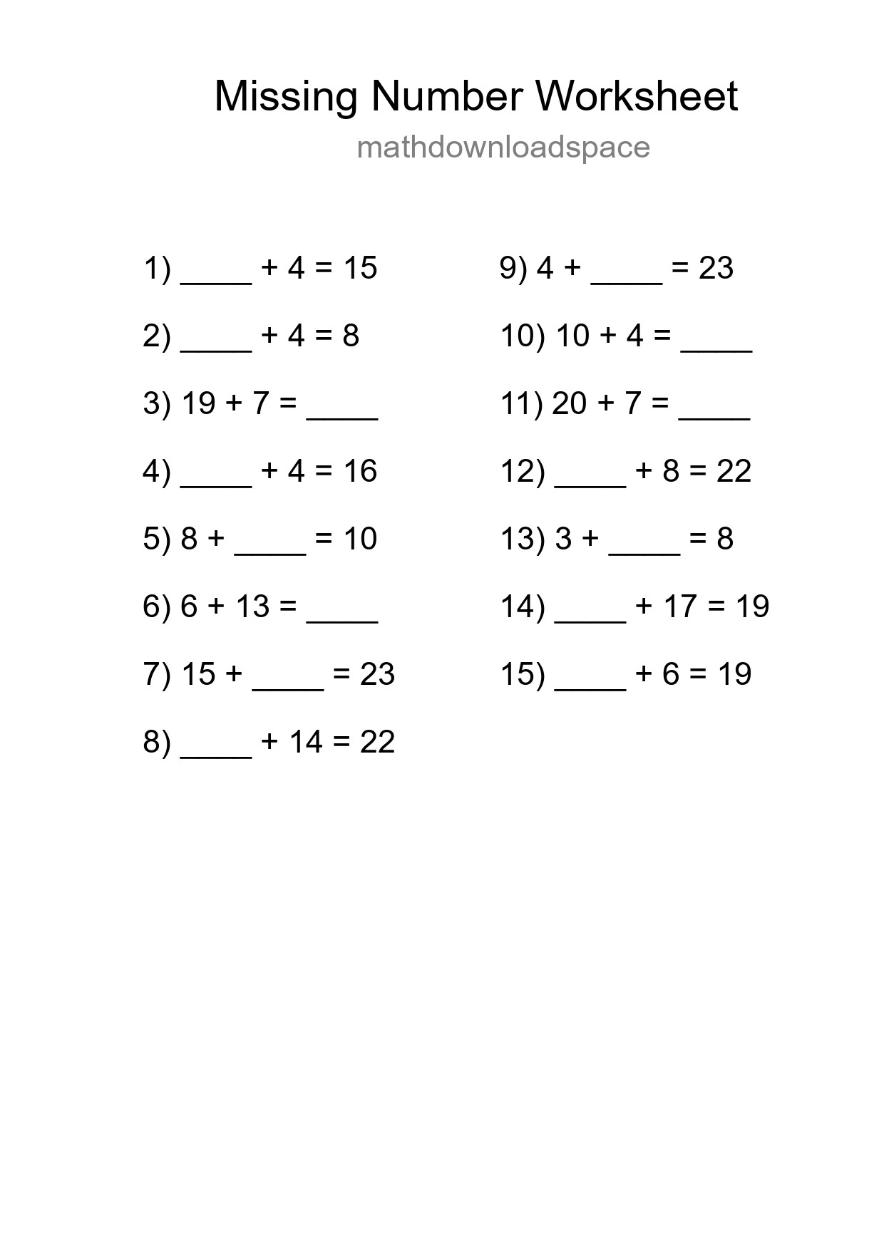 Missing Number Math Worksheet