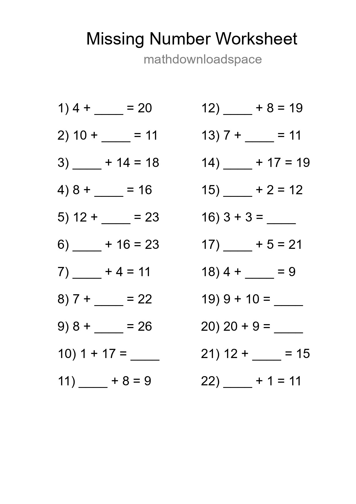 Missing Number Math Worksheet