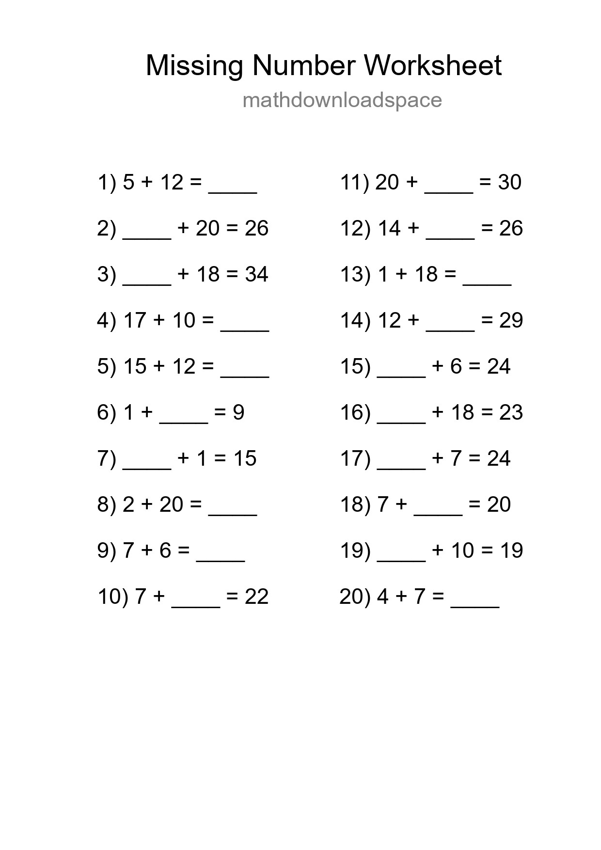 Missing Number Math Worksheet