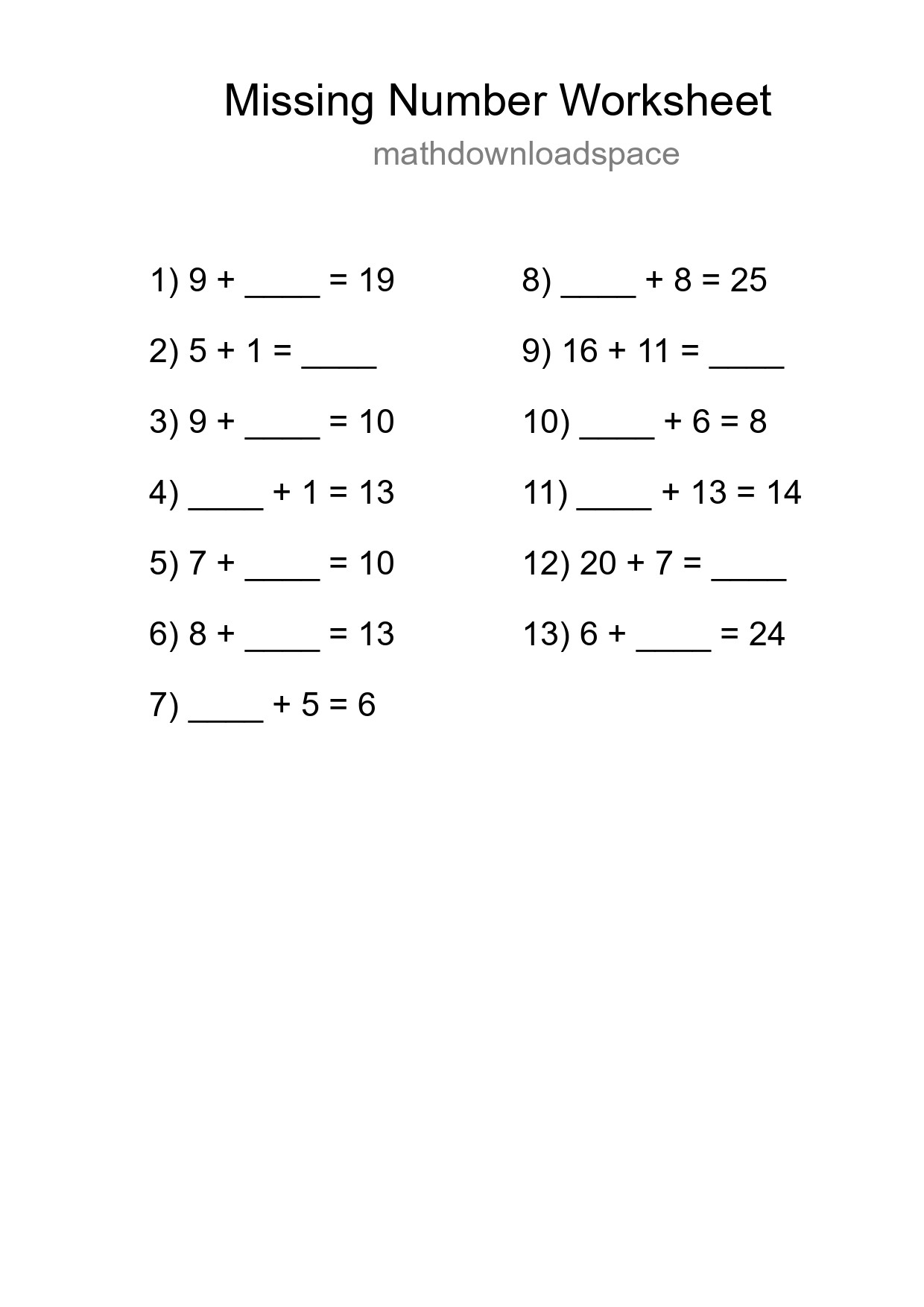 Missing Number Math Worksheet