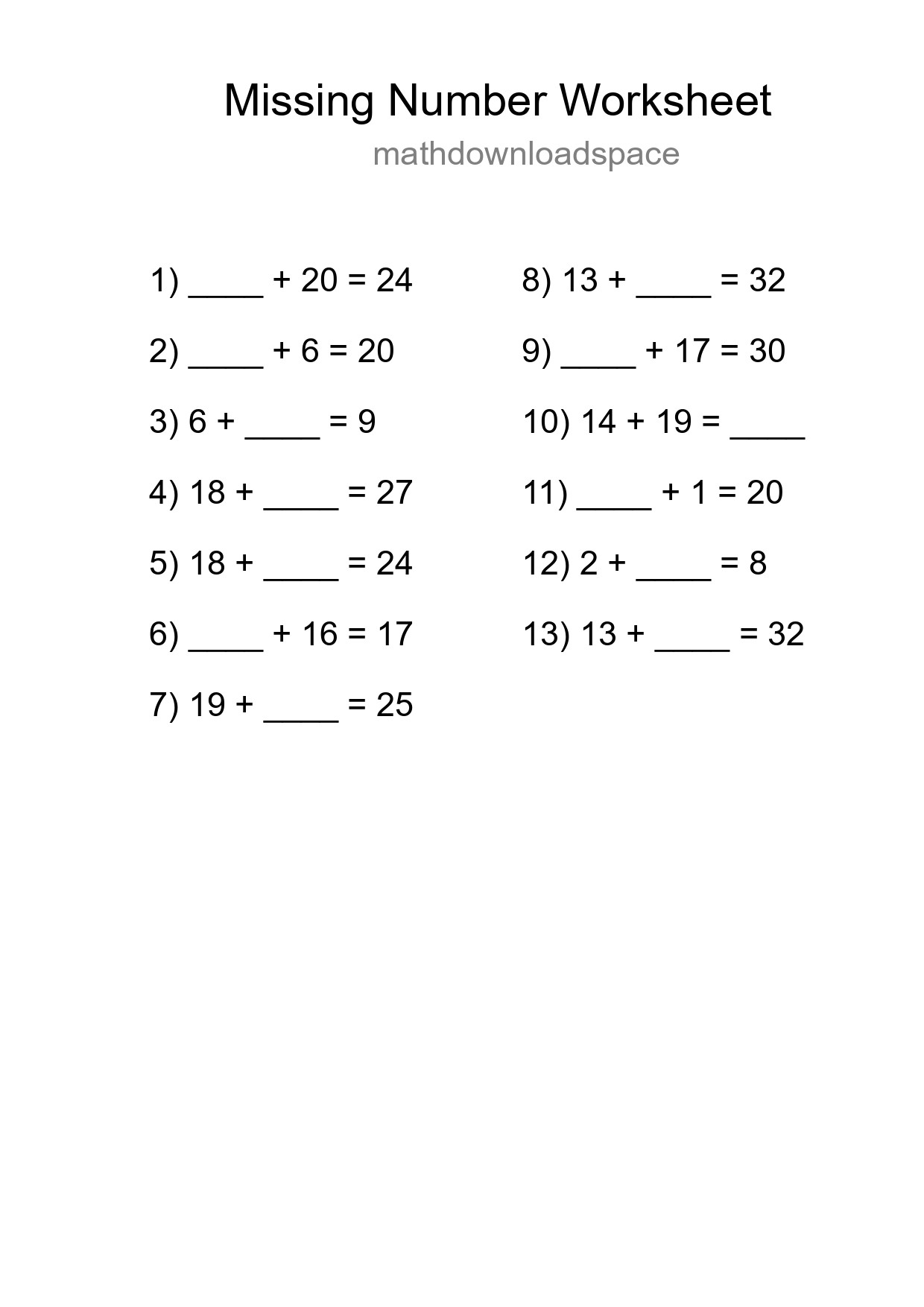Missing Number Math Worksheet