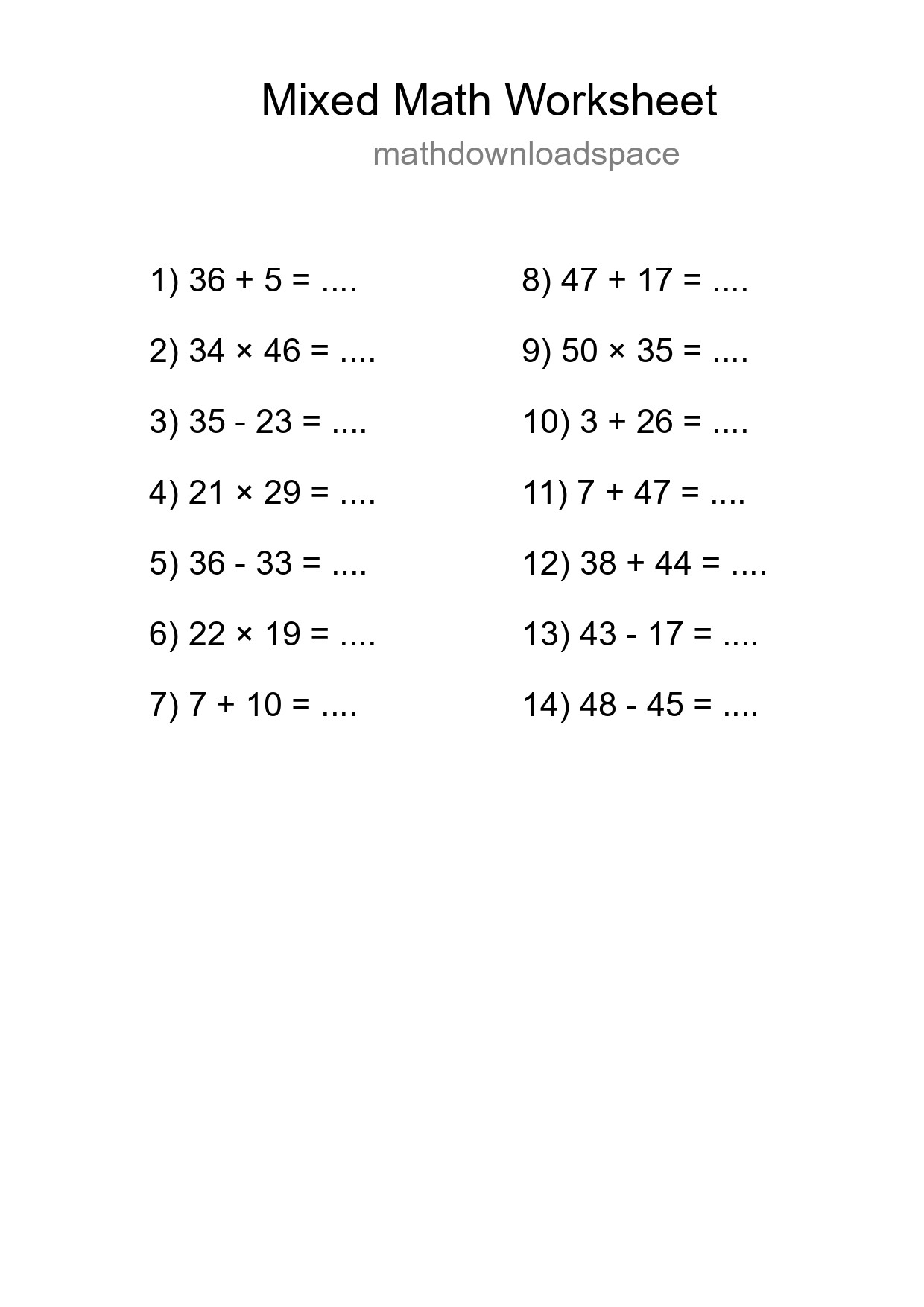 Mixed Operations Math Worksheet