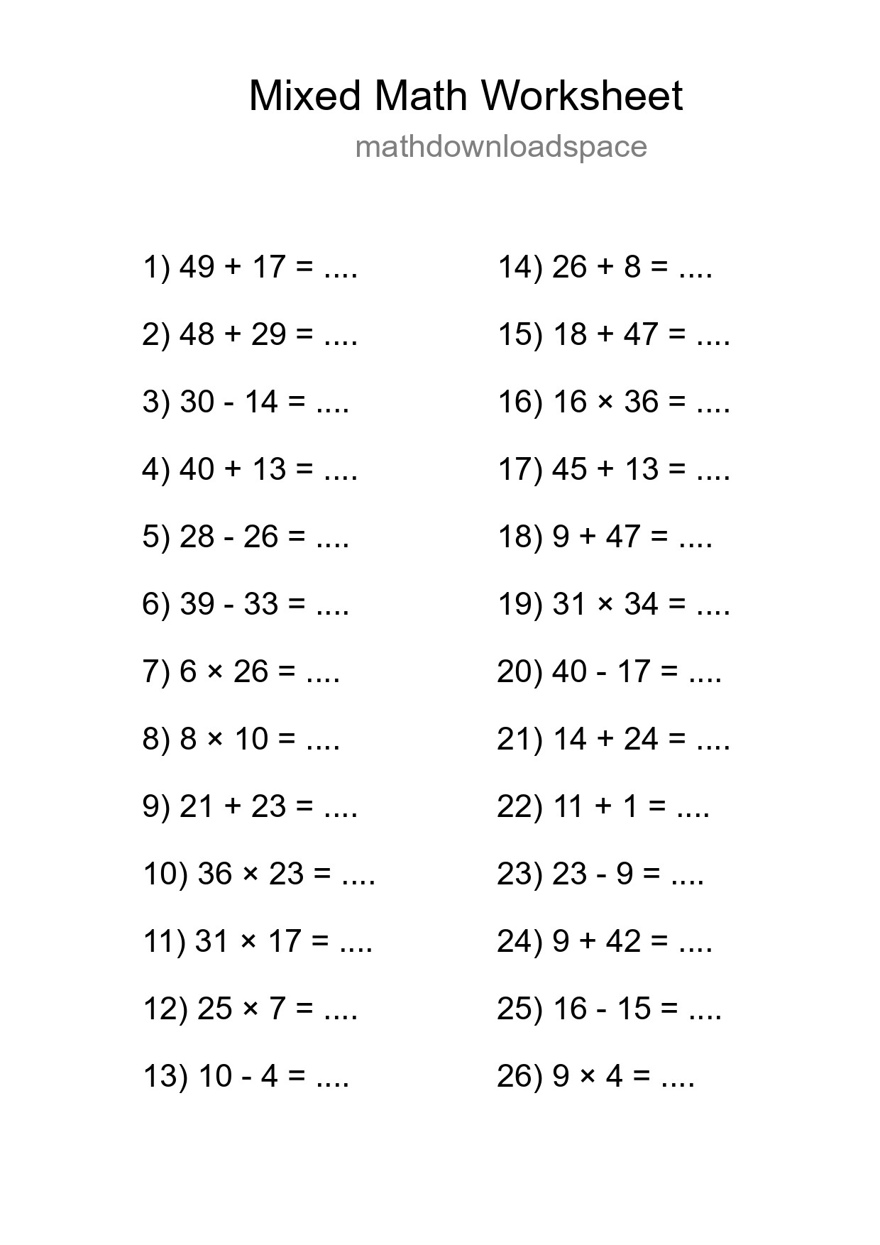 Mixed Operations Math Worksheet