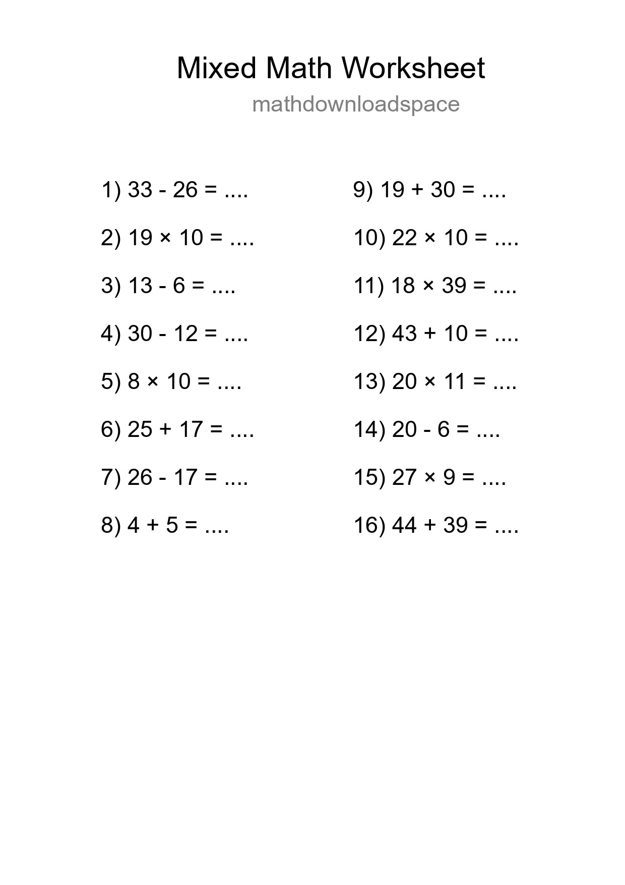 Mixed Operations Math Worksheet