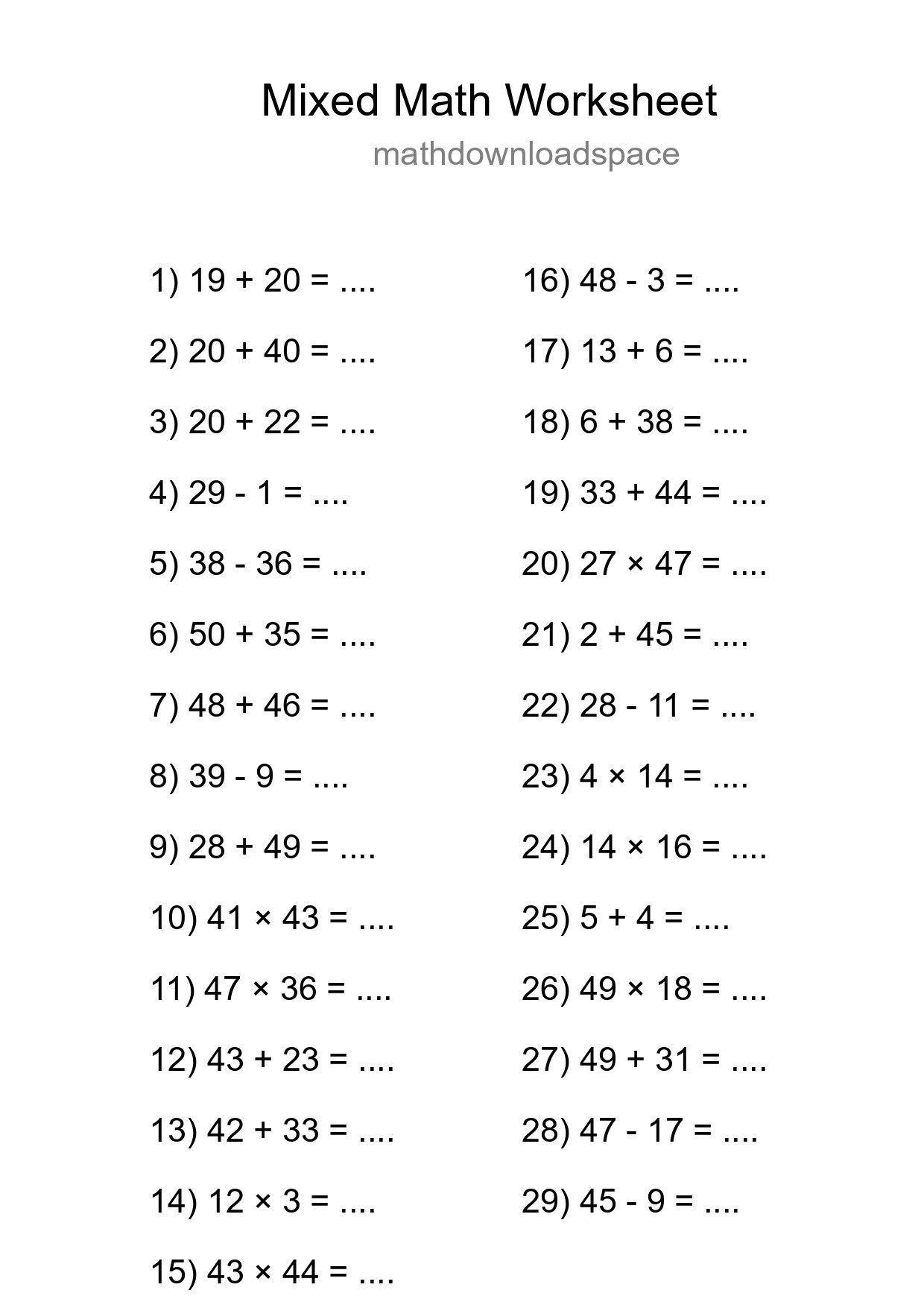 Mixed Operations Math Worksheet