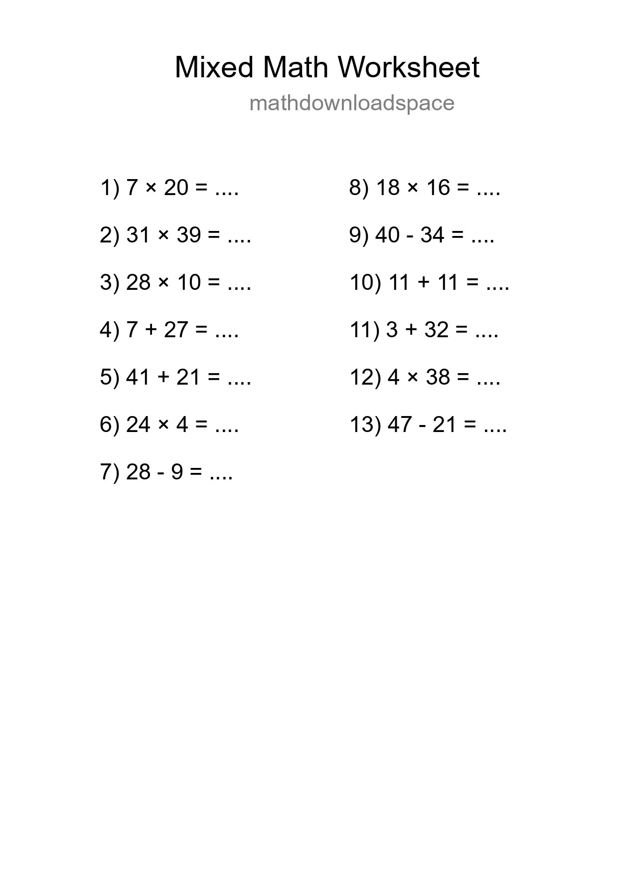 Mixed Operations Math Worksheet