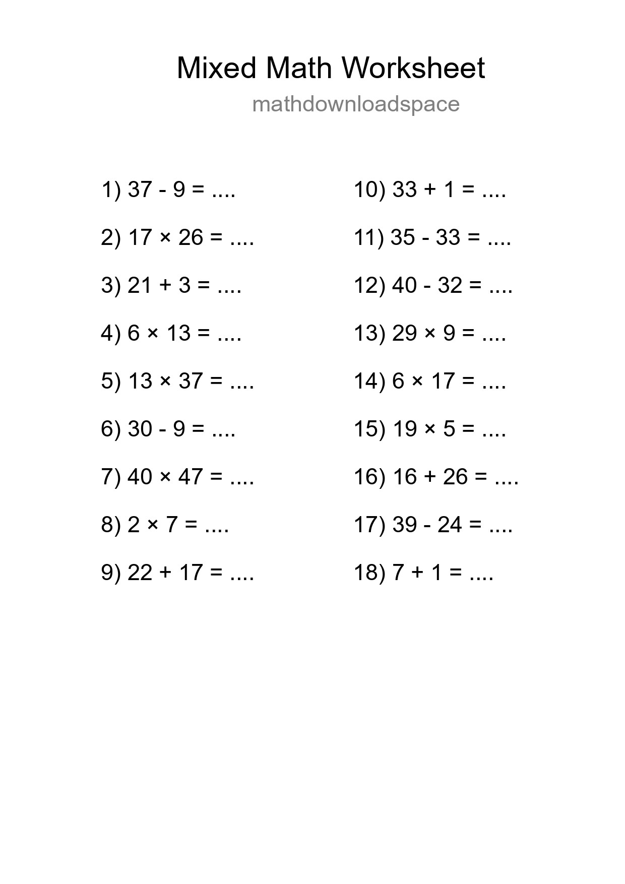 Mixed Operations Math Worksheet