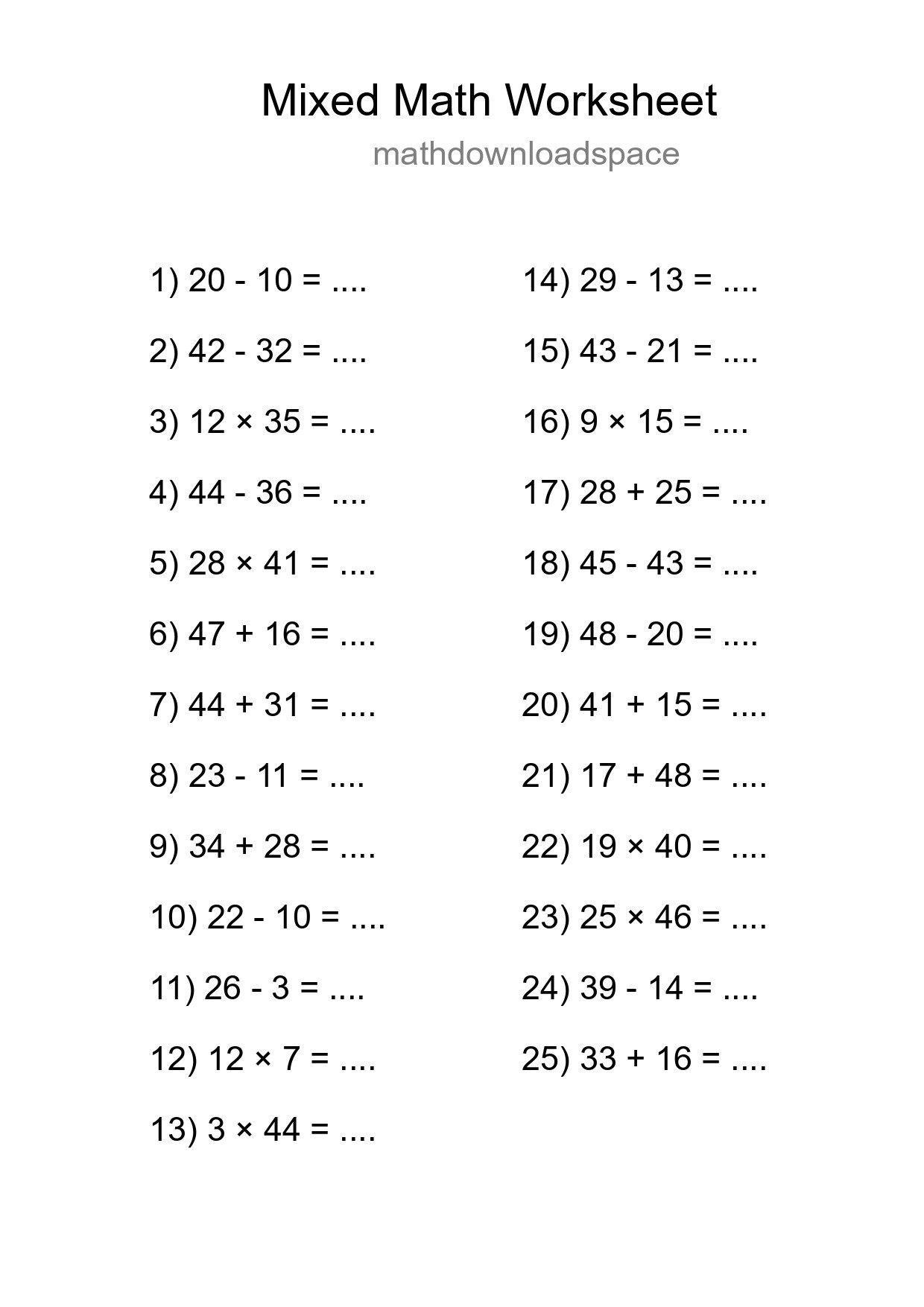 Mixed Operations Math Worksheet