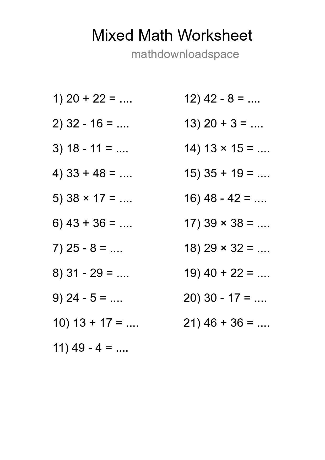 Mixed Operations Math Worksheet