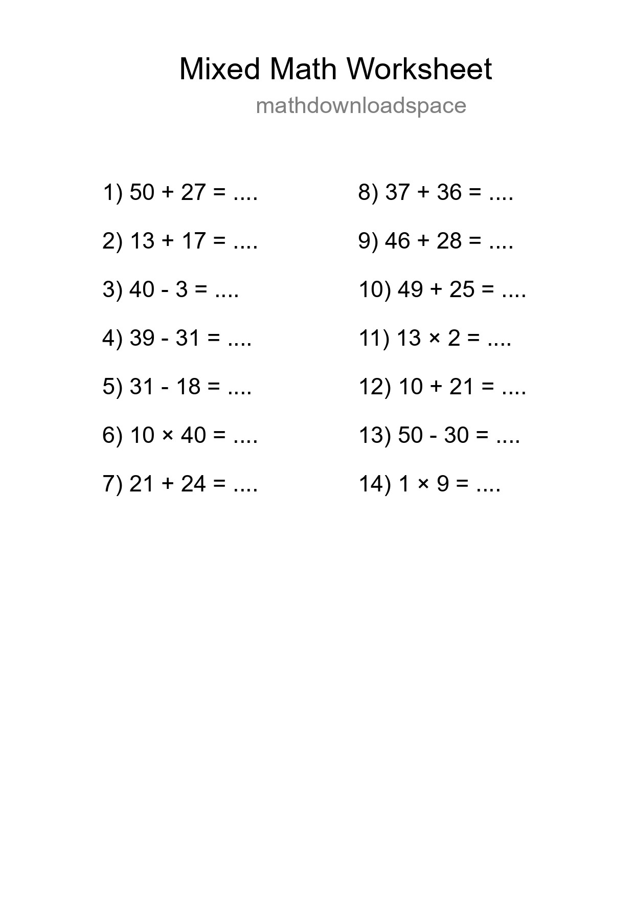 Mixed Operations Math Worksheet
