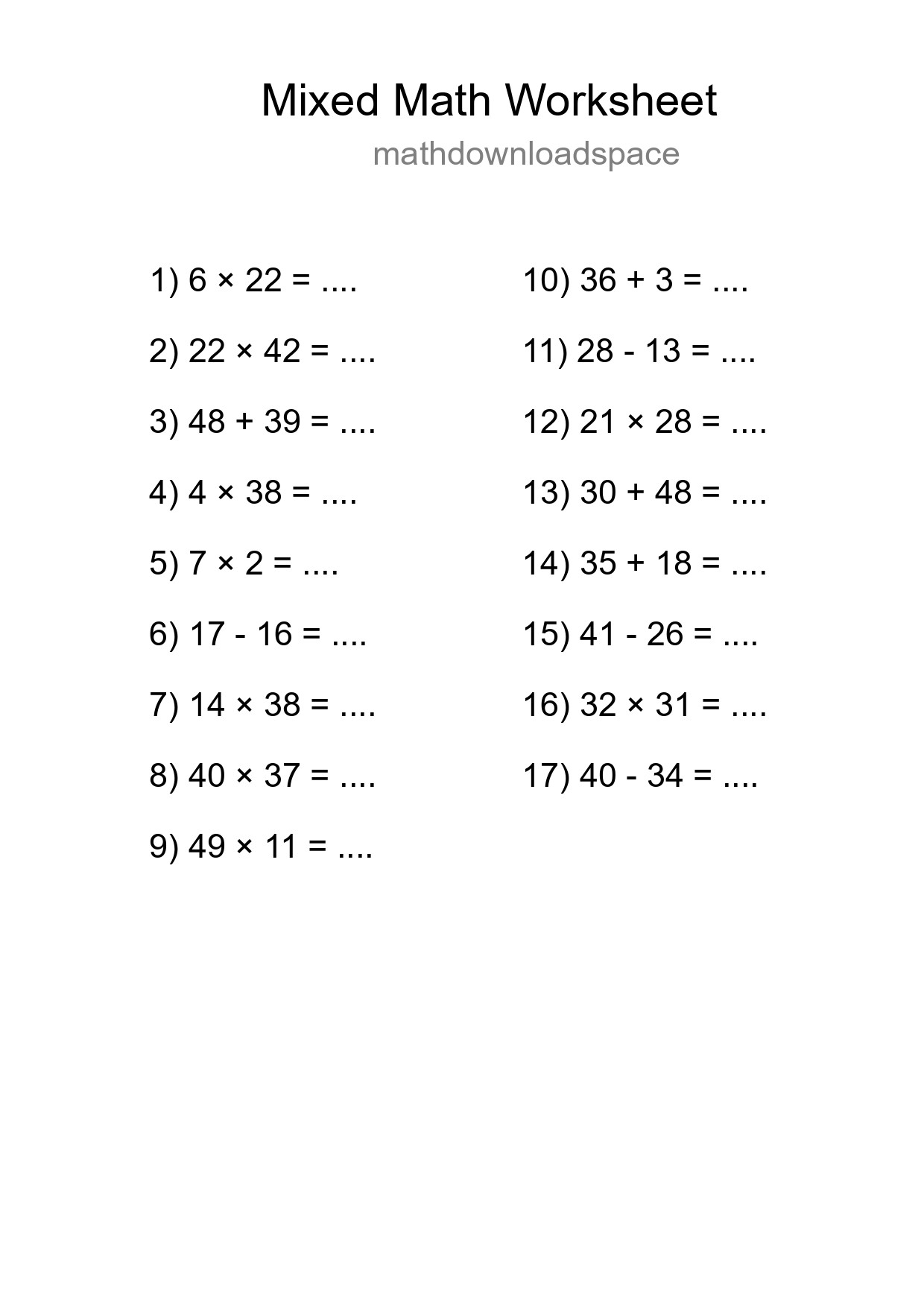 Mixed Operations Math Worksheet