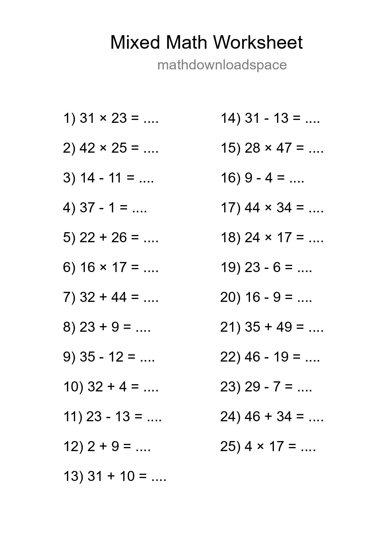 Mixed Operations Math Worksheet