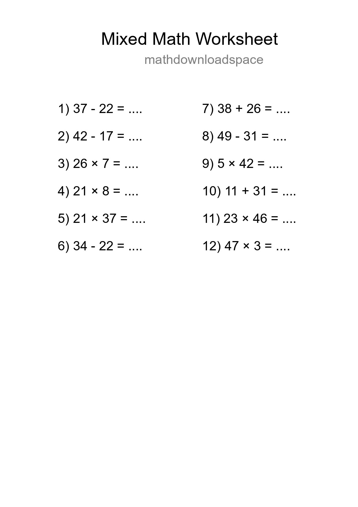Mixed Operations Math Worksheet