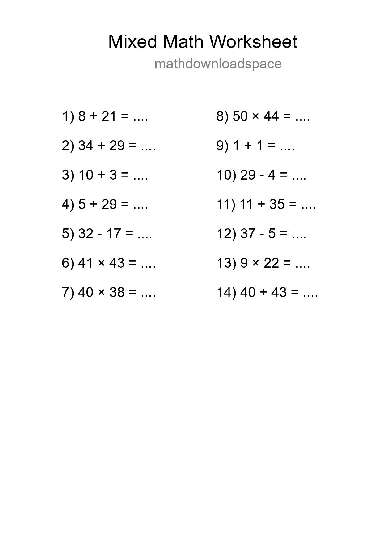 Mixed Operations Math Worksheet