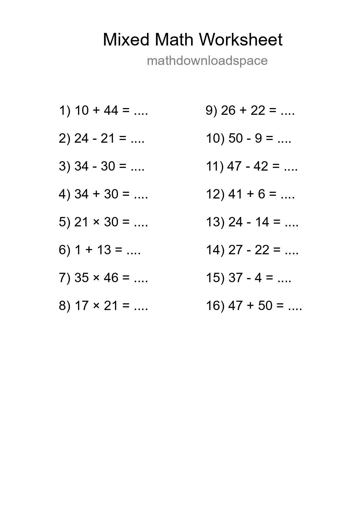 Mixed Operations Math Worksheet