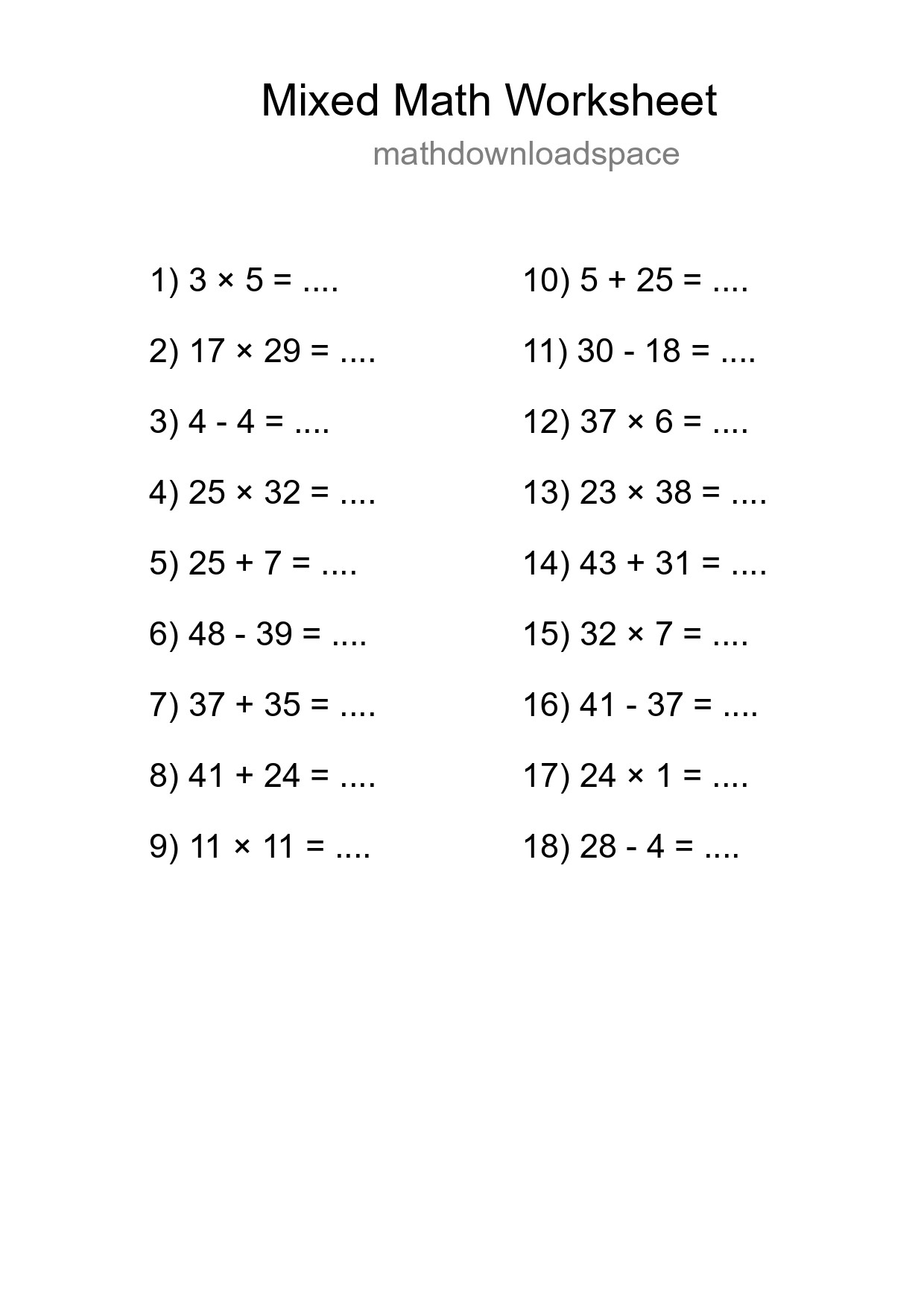 Mixed Operations Math Worksheet