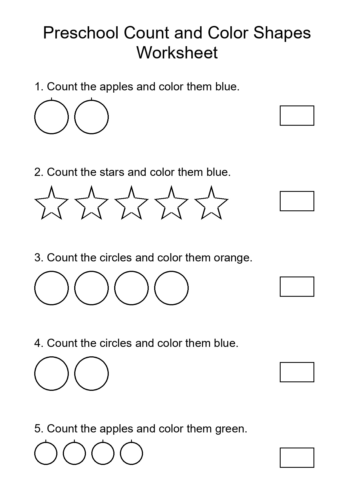 Preschool Count and Color Shapes Worksheet
