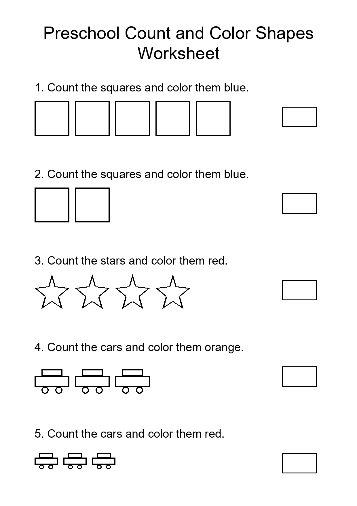 Preschool Count and Color Shapes Worksheet