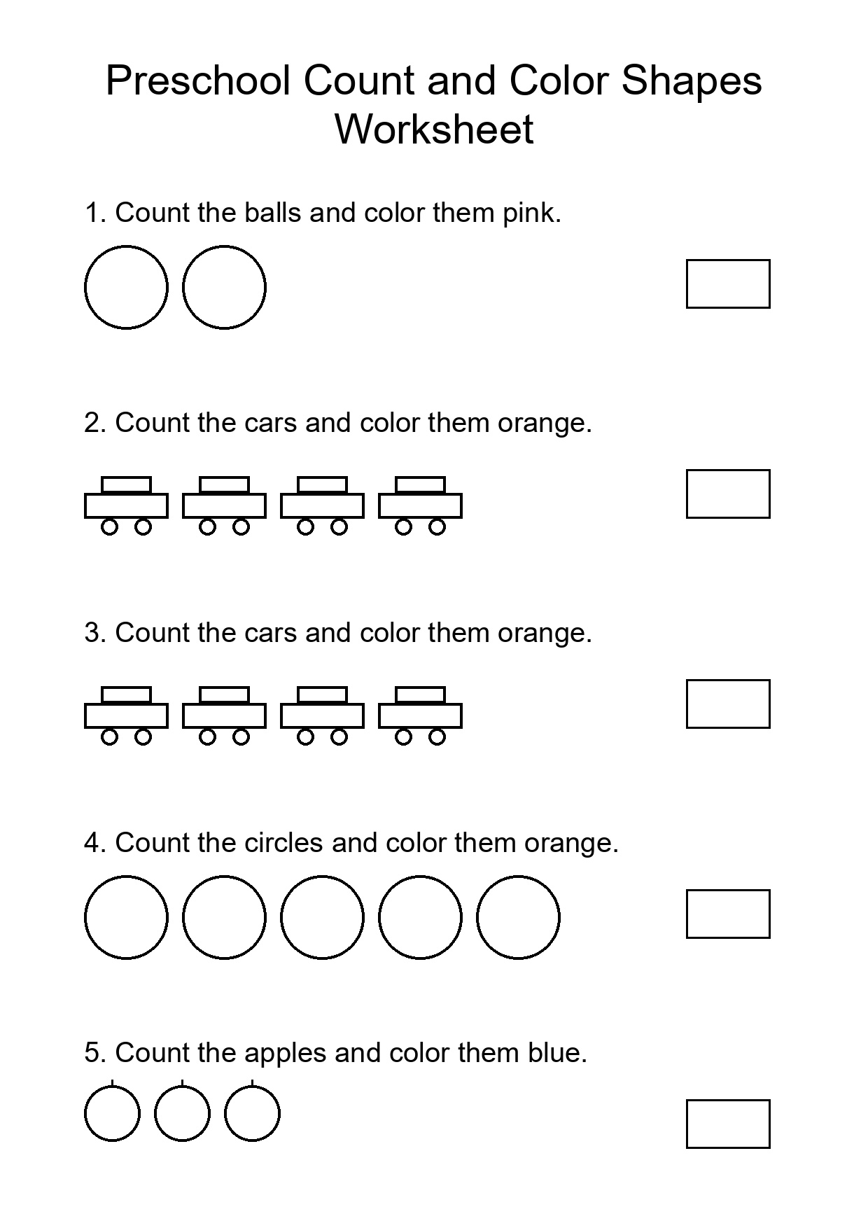 Preschool Count and Color Shapes Worksheet