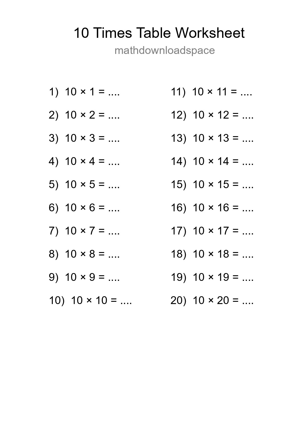 Printable 10 Times Table Worksheet For Grade 3 - Part 163