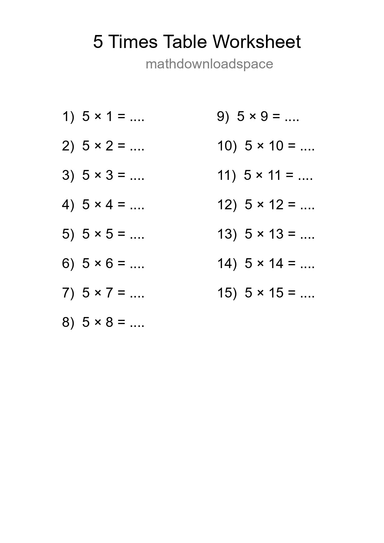 Printable 5 Times Table Worksheet For Grade 2 - Part 97