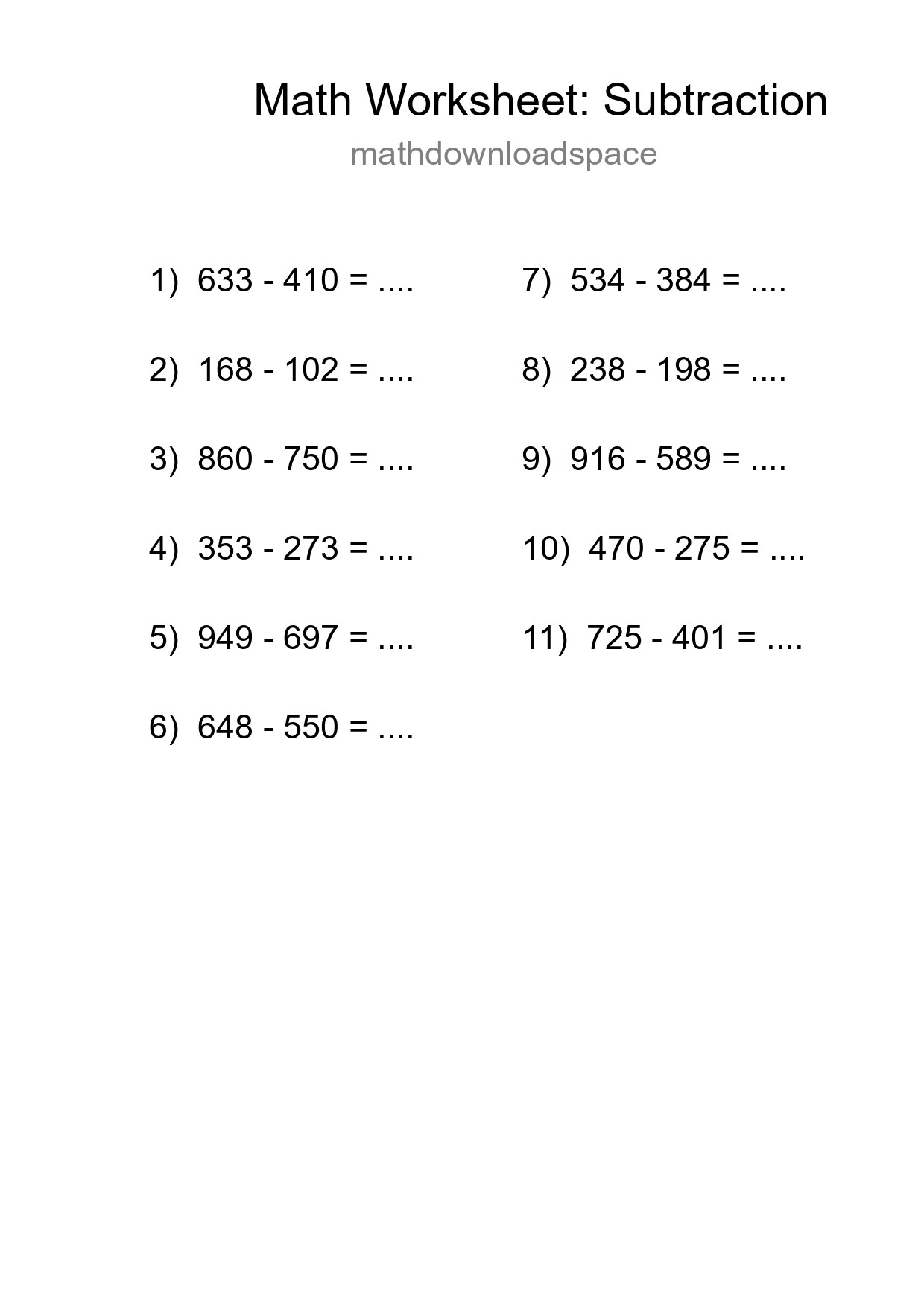 Printable Free 11 Subtraction Math Worksheet For Grade 5 - Part 272