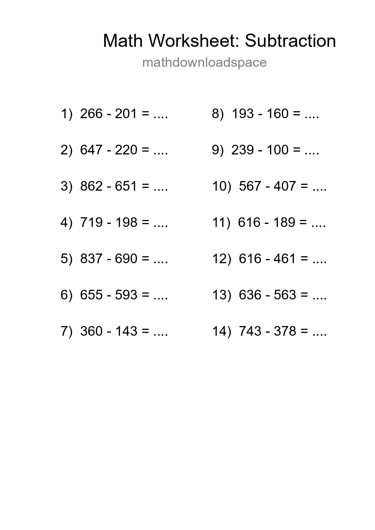 Printable Free 14 Subtraction Math Worksheet For Grade 5 - Part 19