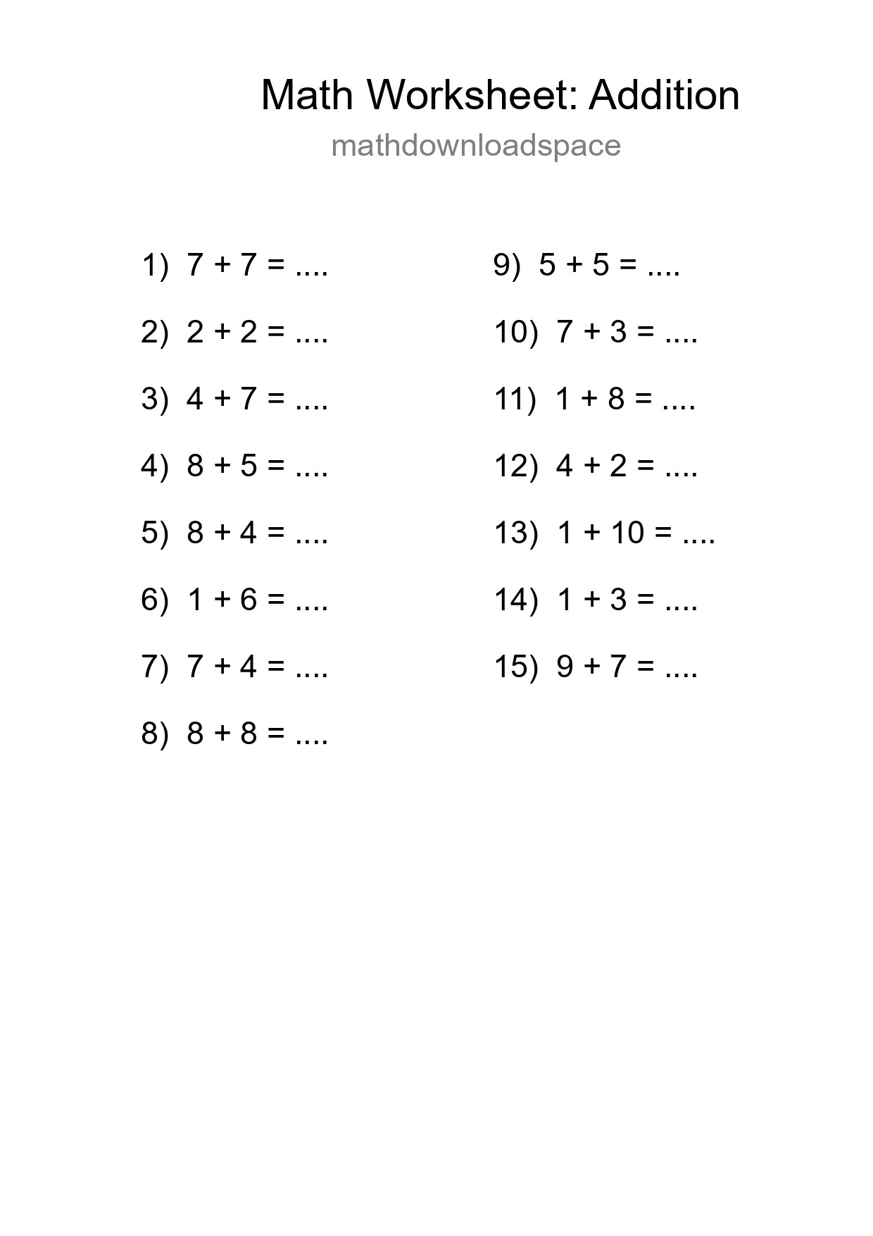 Printable Free 15 Addition Math Worksheet For Grade 1 - Part 287