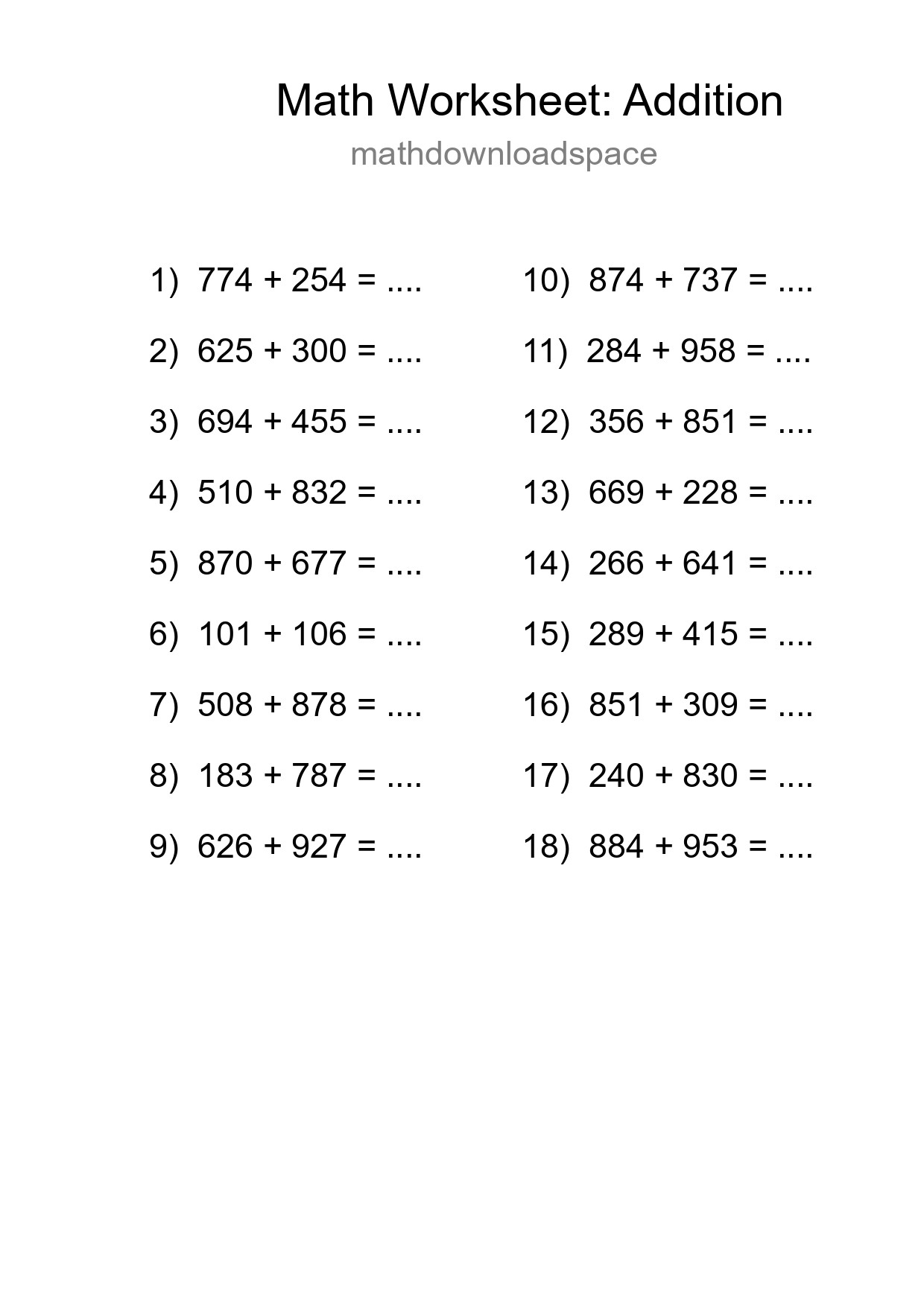 Printable Free 18 Addition Math Worksheet For Grade 5 - Part 100