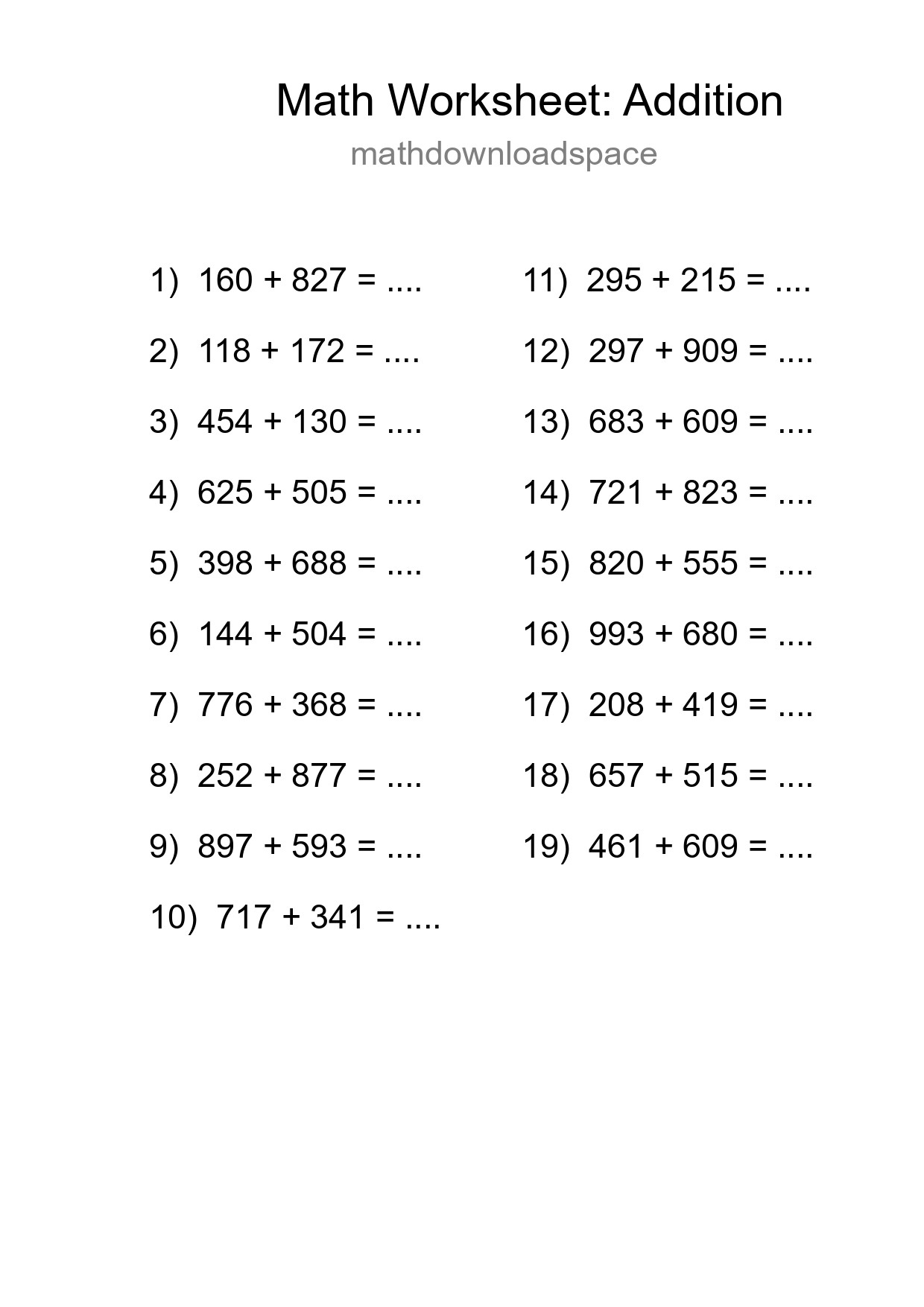 Printable Free 19 Addition Math Worksheet For Grade 5 - Part 122