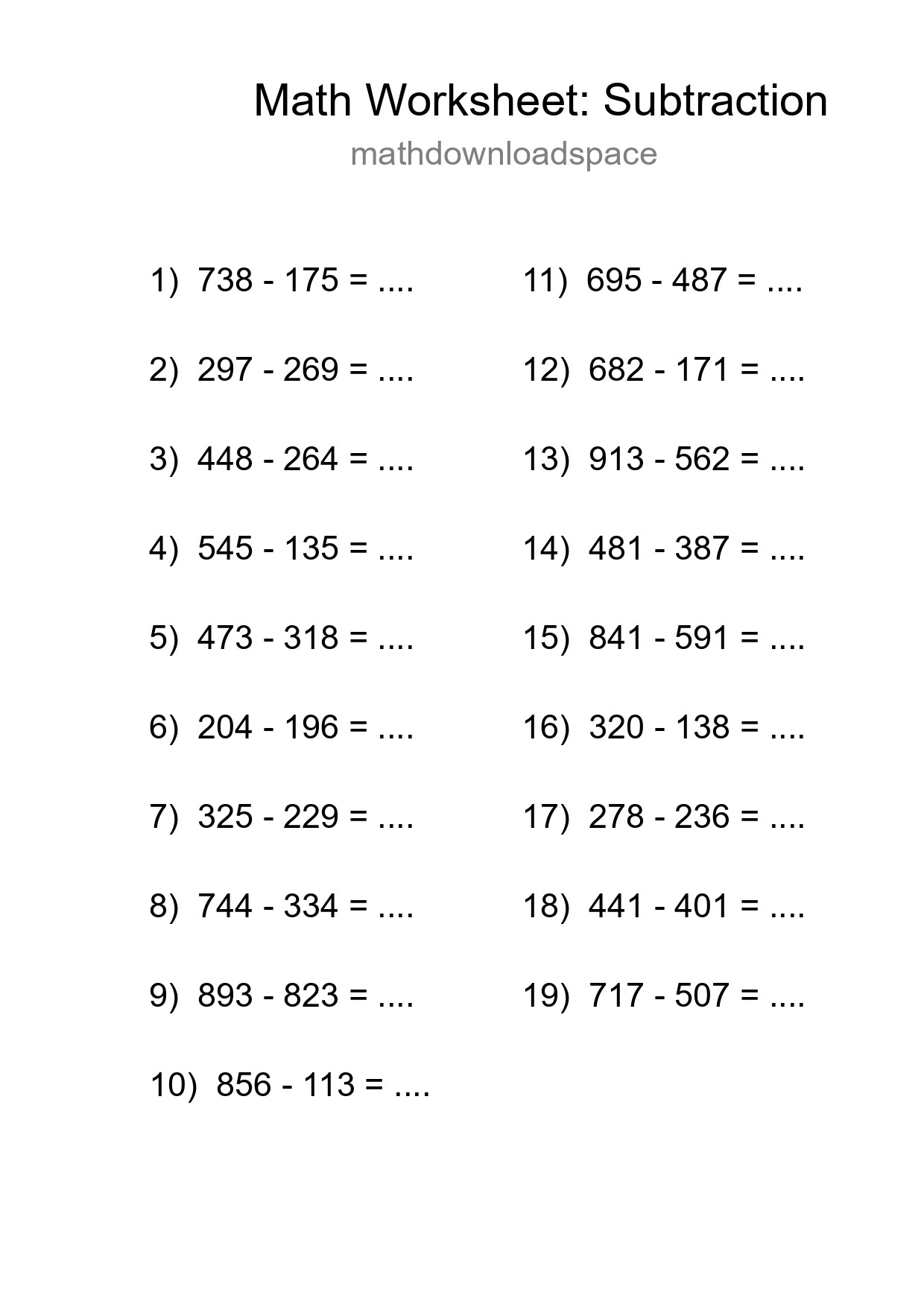 Printable Free 19 Subtraction Math Worksheet For Grade 5 - Part 184