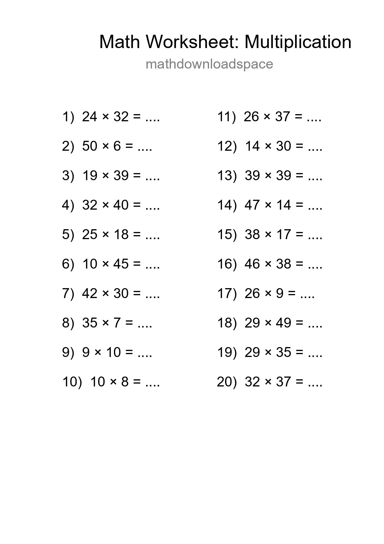 Printable Free 20 Multiplication Math Worksheet For Grade 2 - Part 282