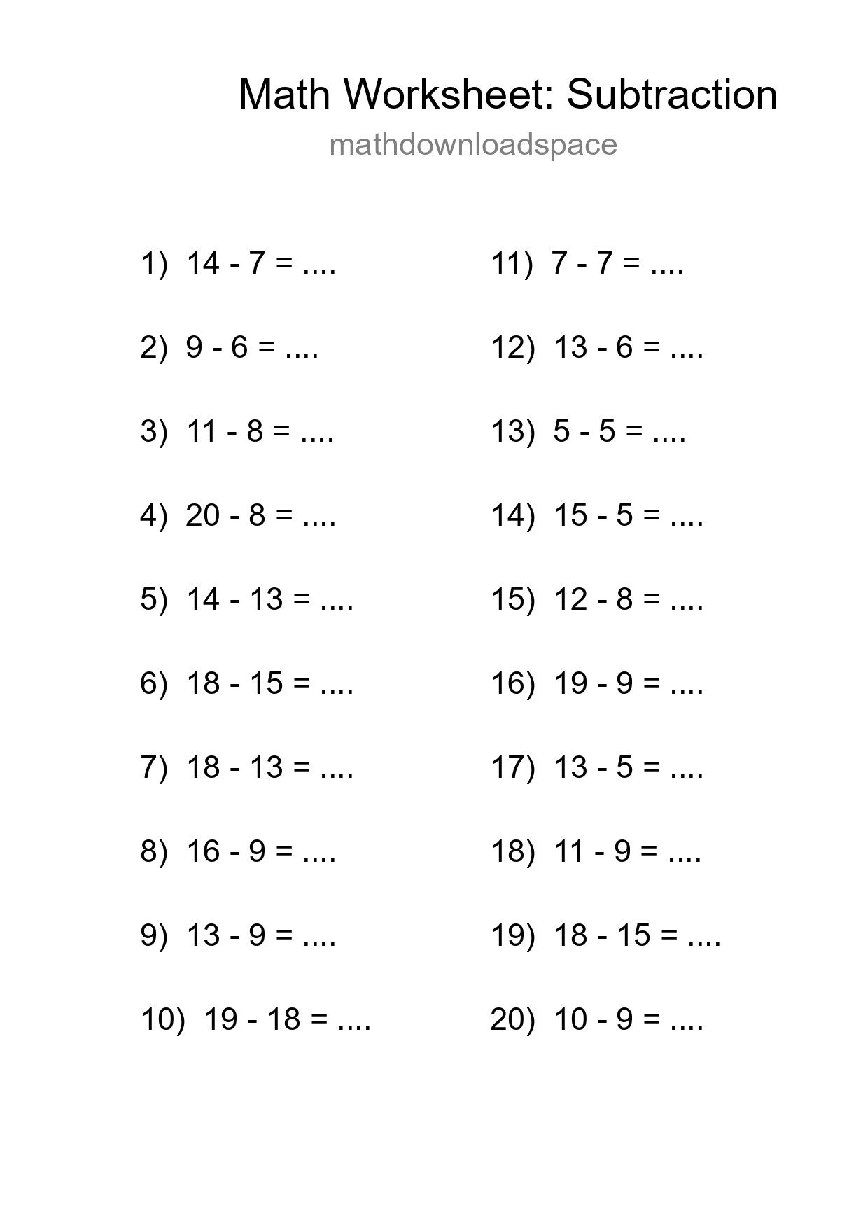 Printable Free 20 Subtraction Math Worksheet For Grade 2 - Part 261