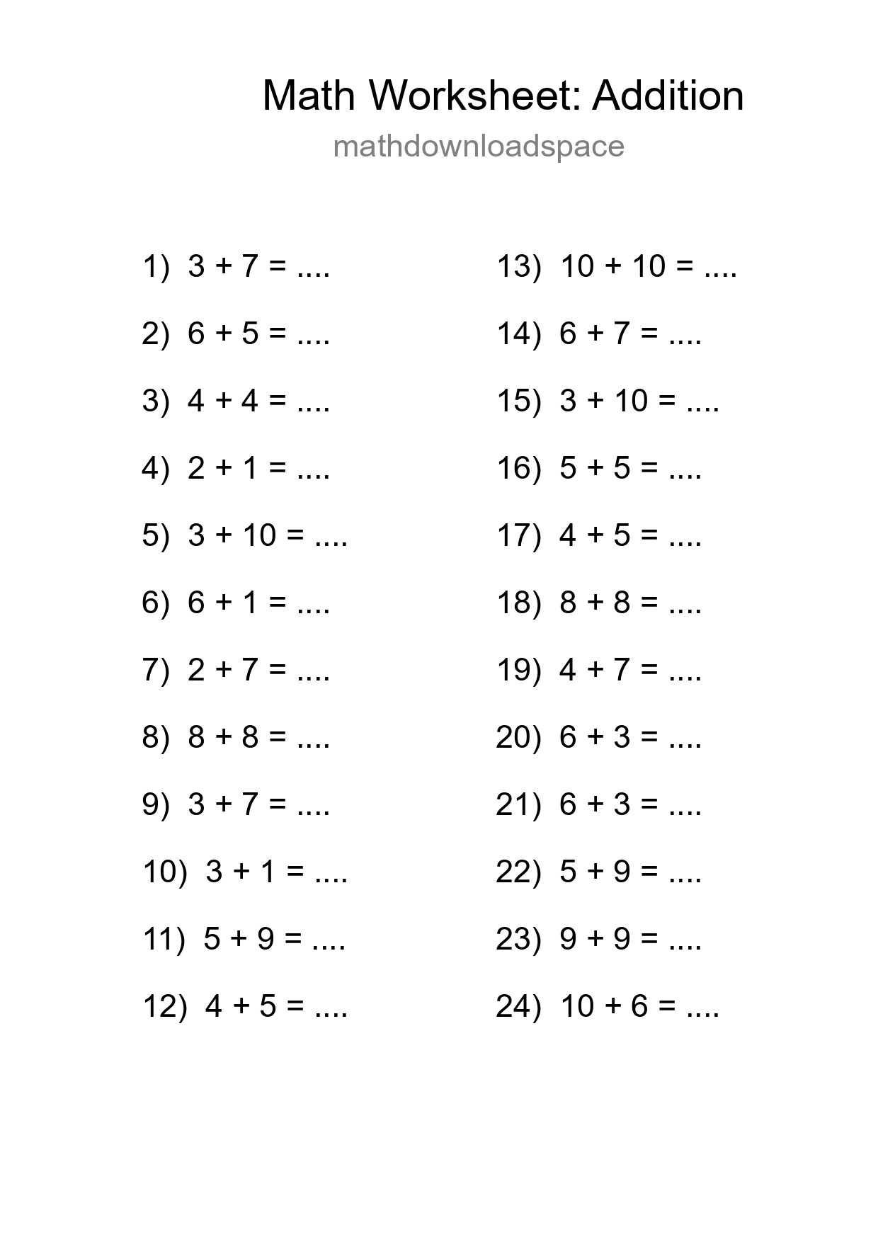 Printable Free 24 Addition Math Worksheet For Grade 1 - Part 67