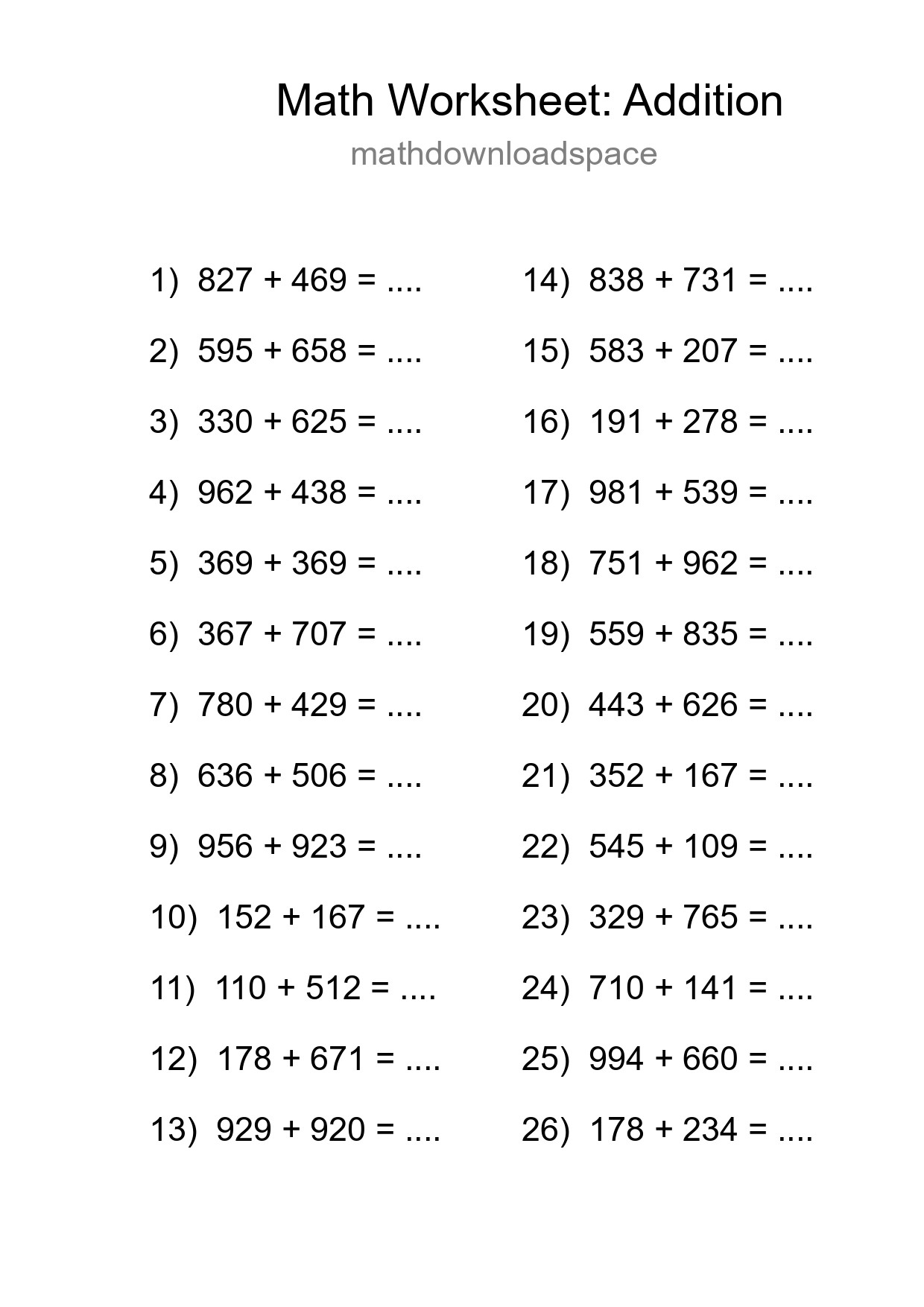 Printable Free 26 Addition Math Worksheet For Grade 5 - Part 232